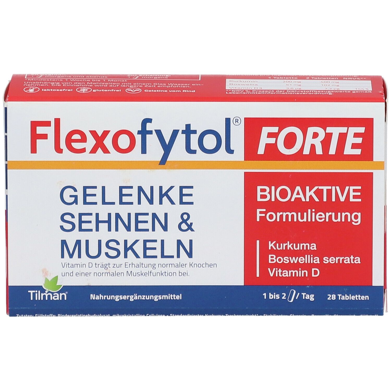 Flexofytol FORTE-Verpackung. Rote und weiße Schachtel mit Produktnamen und Inhaltsstoffen. 28 Tabletten.