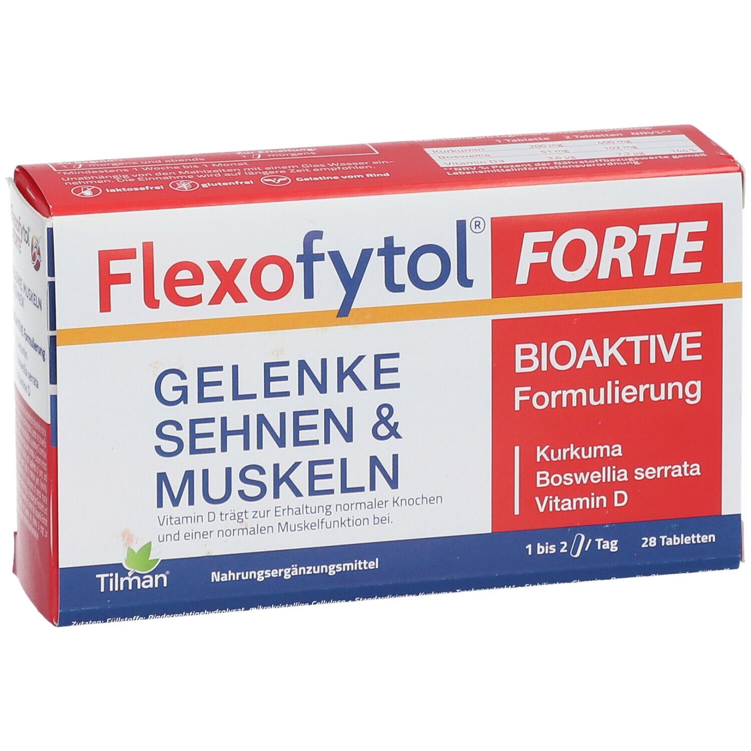 Flexofytol FORTE-Verpackung. Rote und weiße Schachtel mit Produktnamen und Inhaltsstoffen. 28 Tabletten.