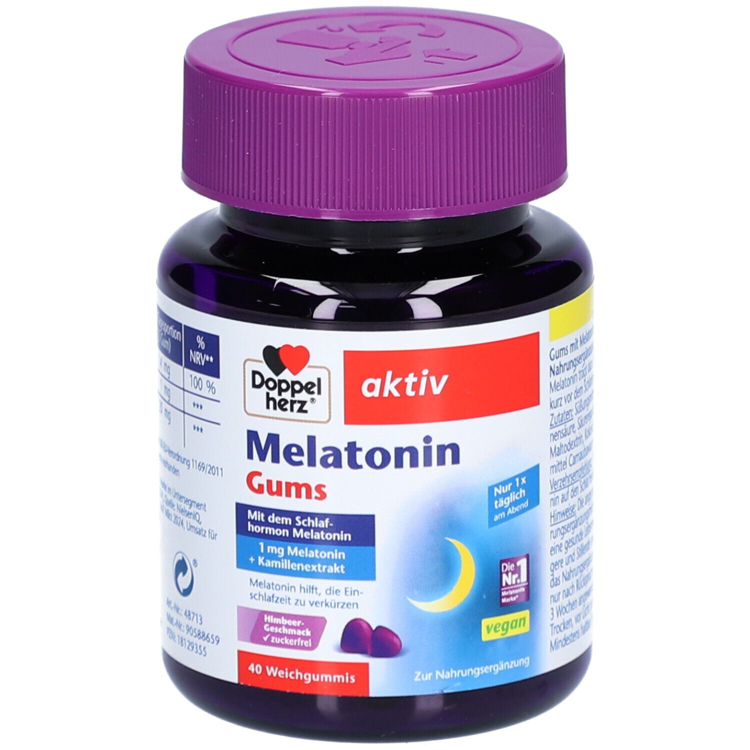 Dunkelblaue Dose mit lila Deckel. Aufschrift: Doppelherz aktiv Melatonin Gums. 40 Weichgummis. Vegan.