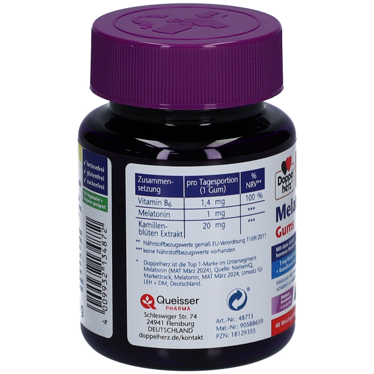 Rückseite der Dose. Auflistung der Inhaltsstoffe: Vitamin B6, Melatonin, Kamillenblütenextrakt. Informationen zu Hersteller und Inhaltsstoffen.