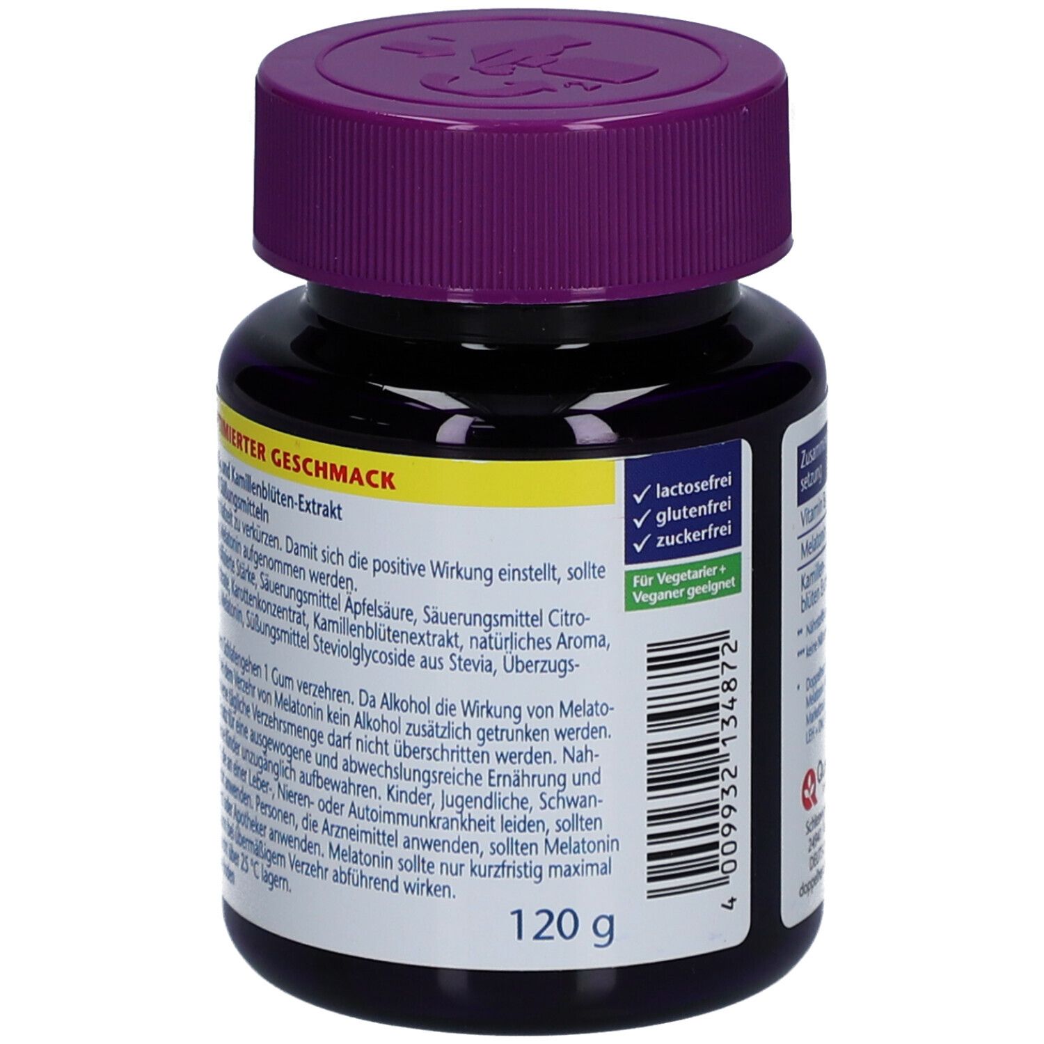Rückseite der Dose. Text über die Anwendung und Inhaltsstoffe. Gewicht: 120 g. Hinweise zu Allergenen und Vegan-Siegel.