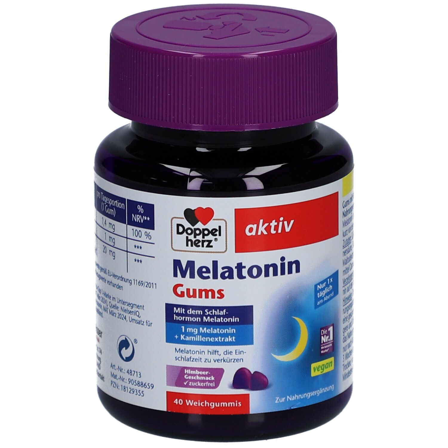 Dunkelblaue Dose mit lila Deckel. Aufschrift: Doppelherz aktiv Melatonin Gums. 40 Weichgummis. Vegan.