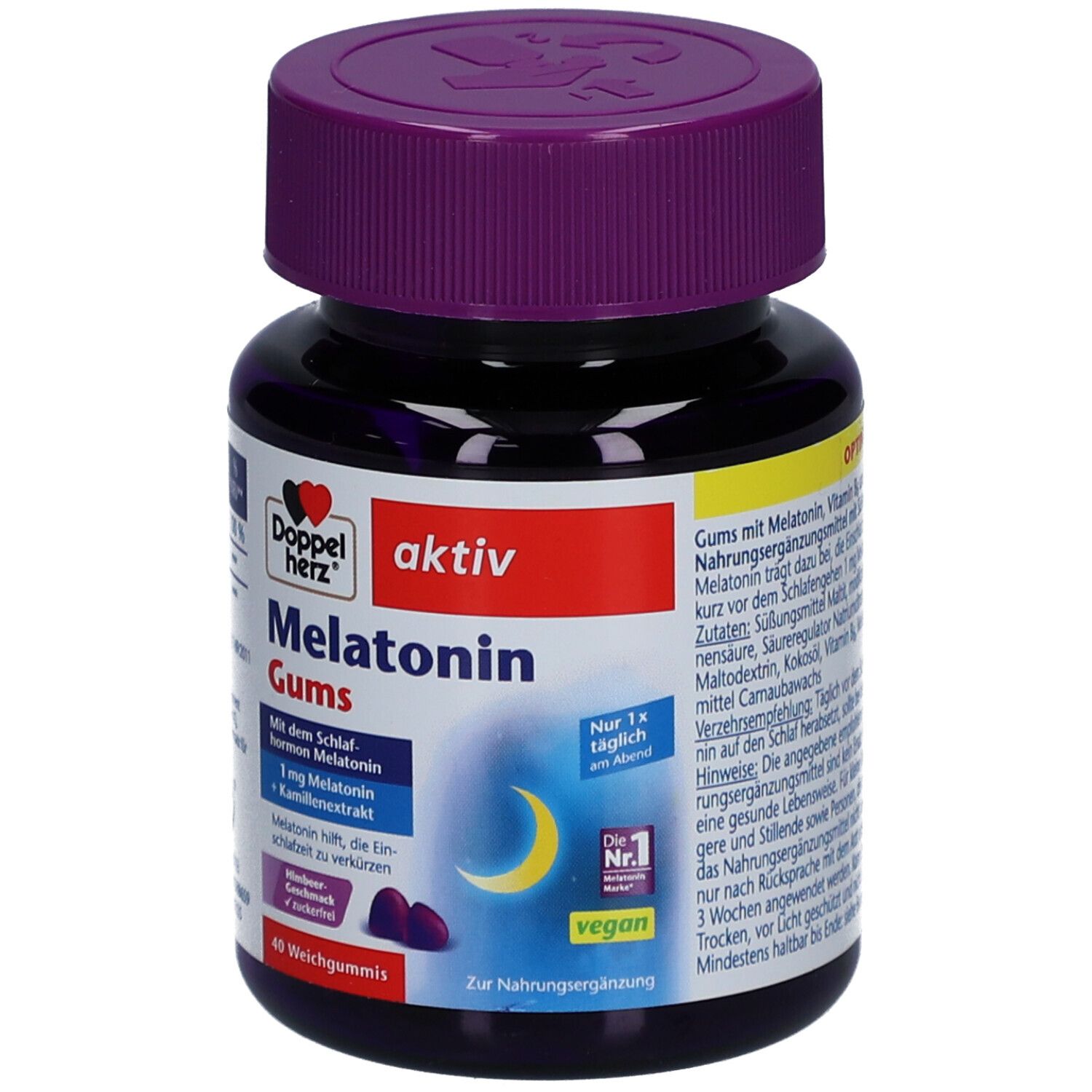 Dunkelblaue Dose mit lila Deckel. Aufschrift: Doppelherz aktiv Melatonin Gums. 40 Weichgummis. Vegan.