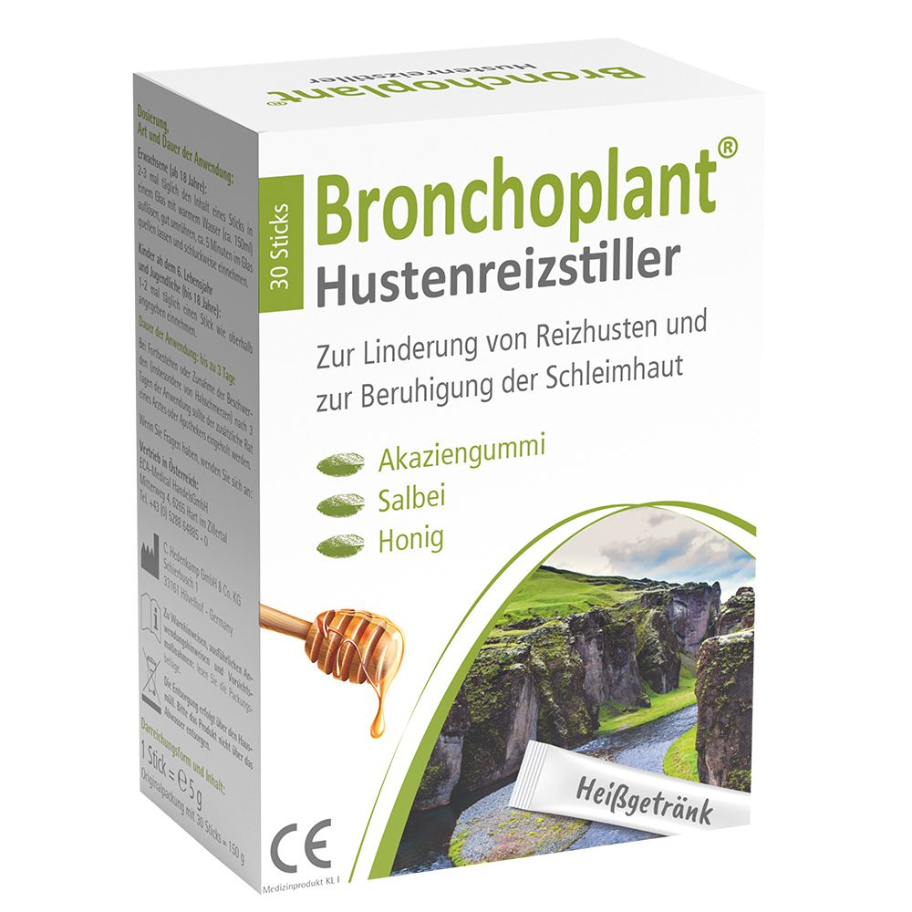 Weißer Karton mit Produktnamen und Inhaltsstoffen. Abbildung eines Honiglöffels und Landschaft.