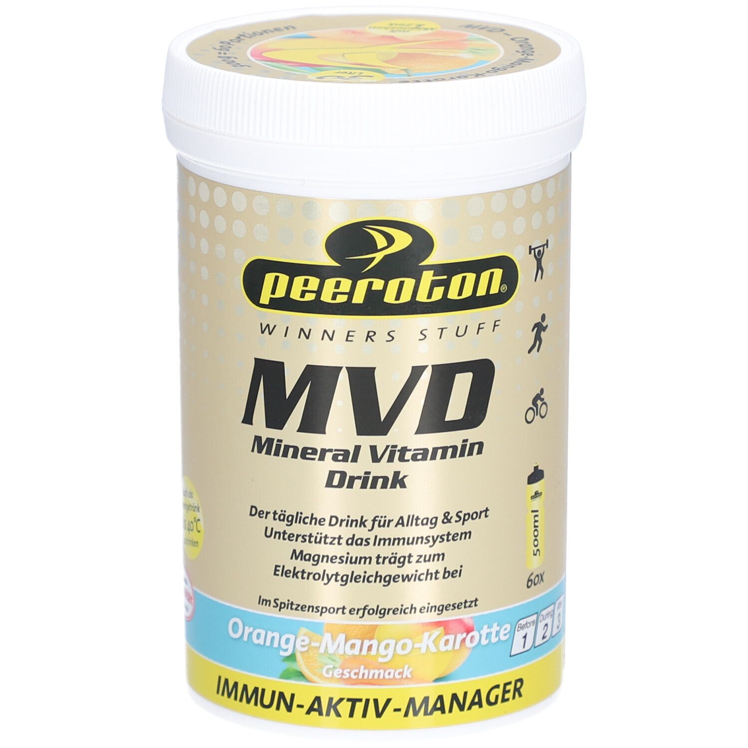 Behälter mit Peeroton MVD. Aufschrift: MVD Mineral Vitamin Drink, Orange-Mango-Karotte Geschmack. 500ml.