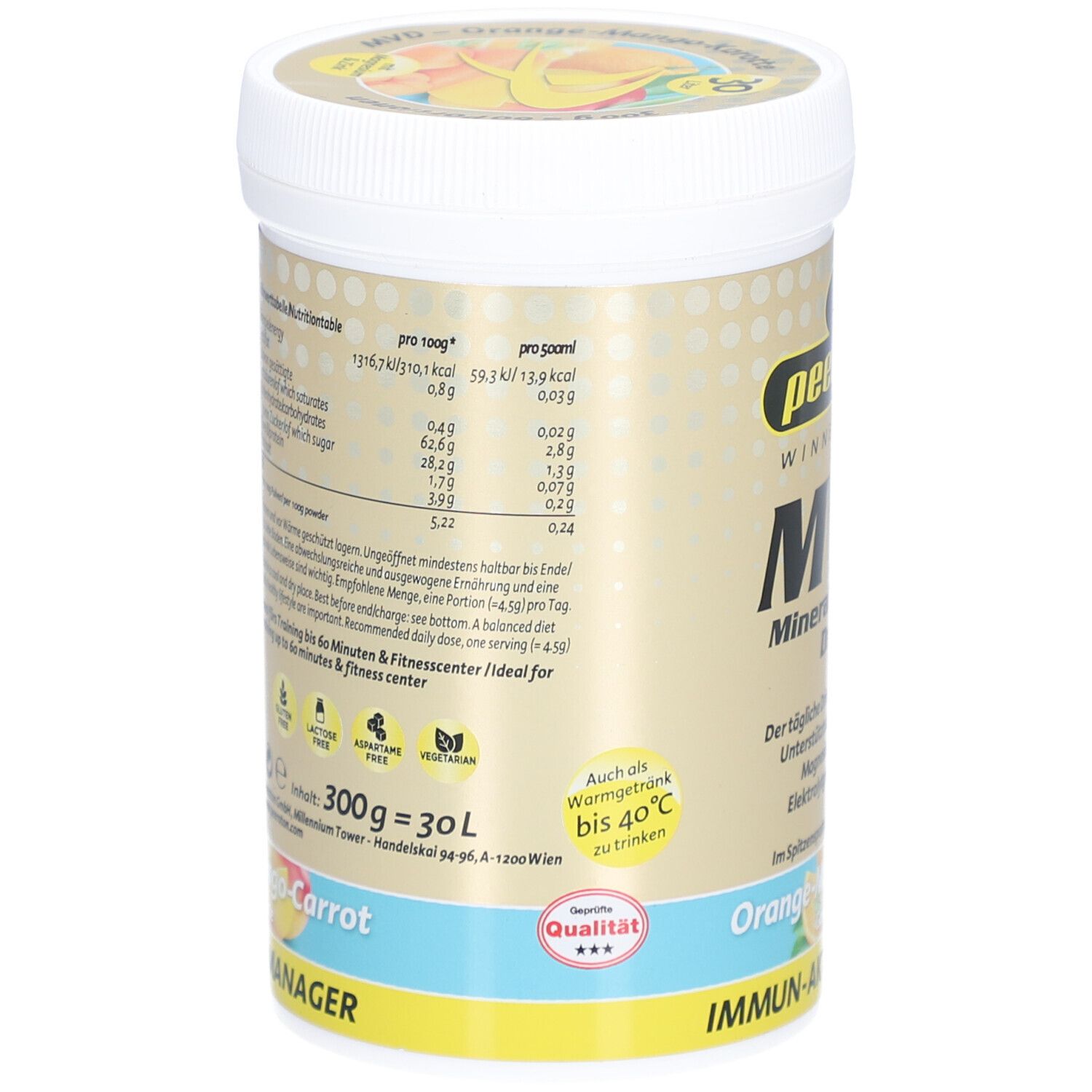 Peeroton MVD-Behälter, Rückseite. Enthält Nährwertangaben. Aufschrift: Orange-Mango-Karotte Geschmack. 300g = 30L.