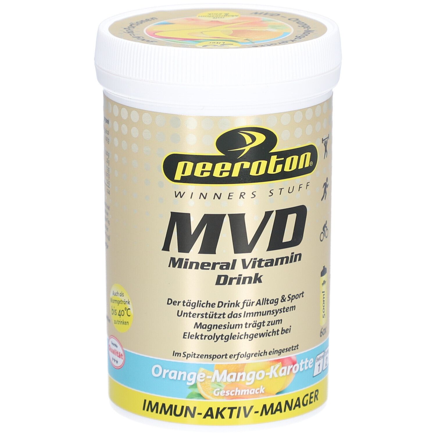 Peeroton MVD-Behälter. Aufschrift: MVD Mineral Vitamin Drink, Orange-Mango-Karotte Geschmack. Geeignet bis 40°C.