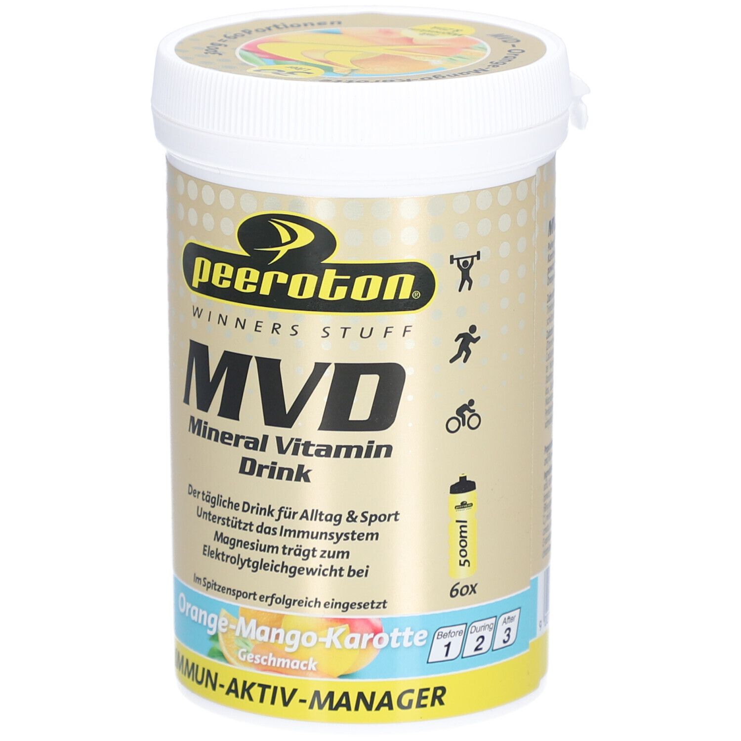 Peeroton MVD-Behälter. Aufschrift: MVD Mineral Vitamin Drink, Orange-Mango-Karotte Geschmack. 60 Portionen.
