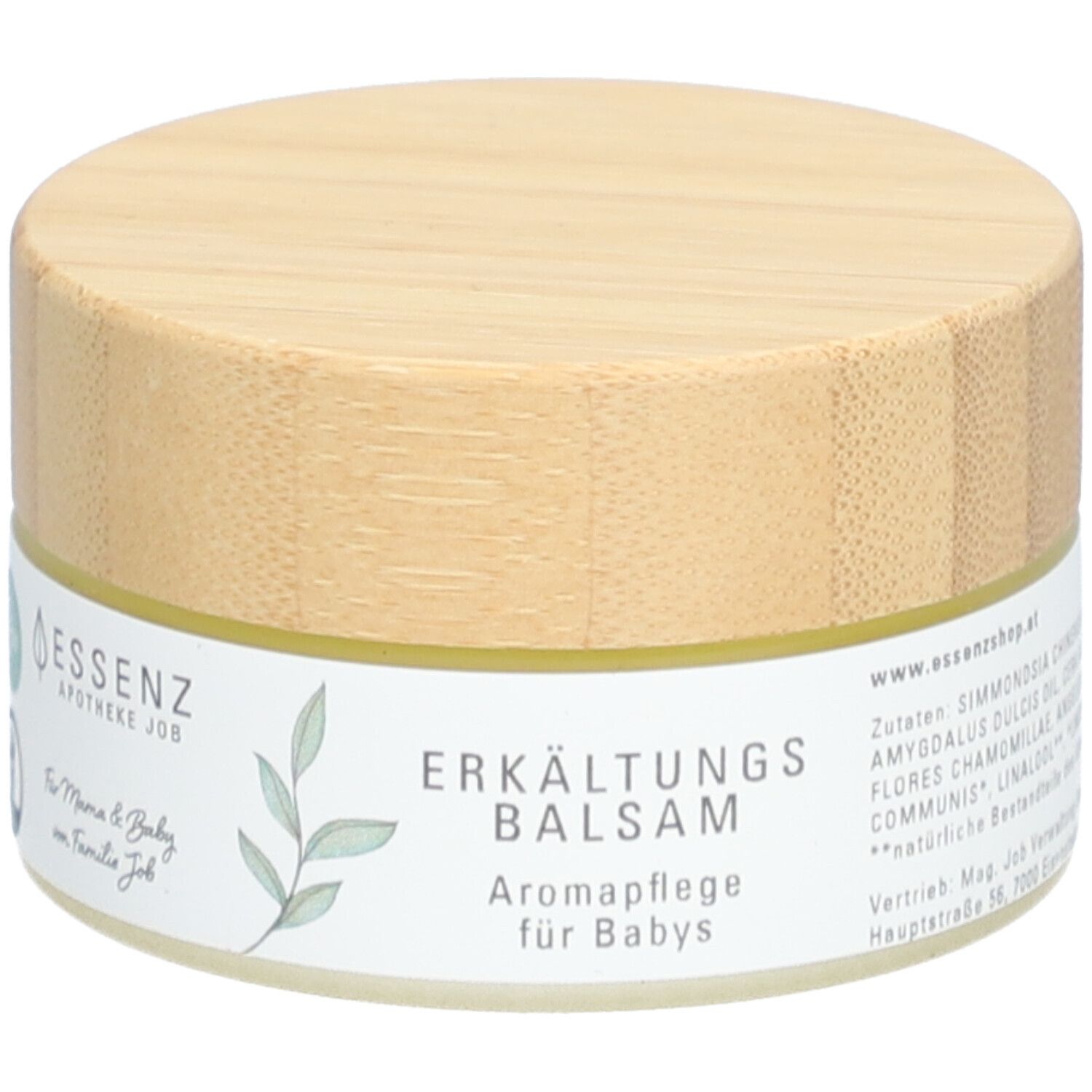 Runde Dose mit Holzdeckel. Aufschrift: Erkältungsbalsam, Aromapflege für Babys. Logo: Essenz Apotheke Job.