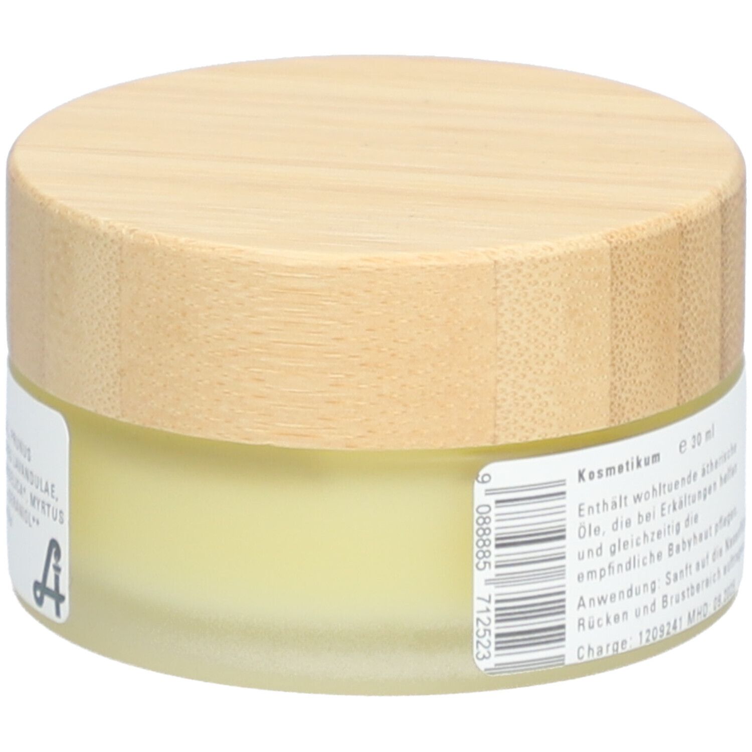 Runde Dose mit Holzdeckel. Aufschrift: Kosmetikum, 30 ml. Text: Enthält wohltuende ätherische Öle. Barcode.