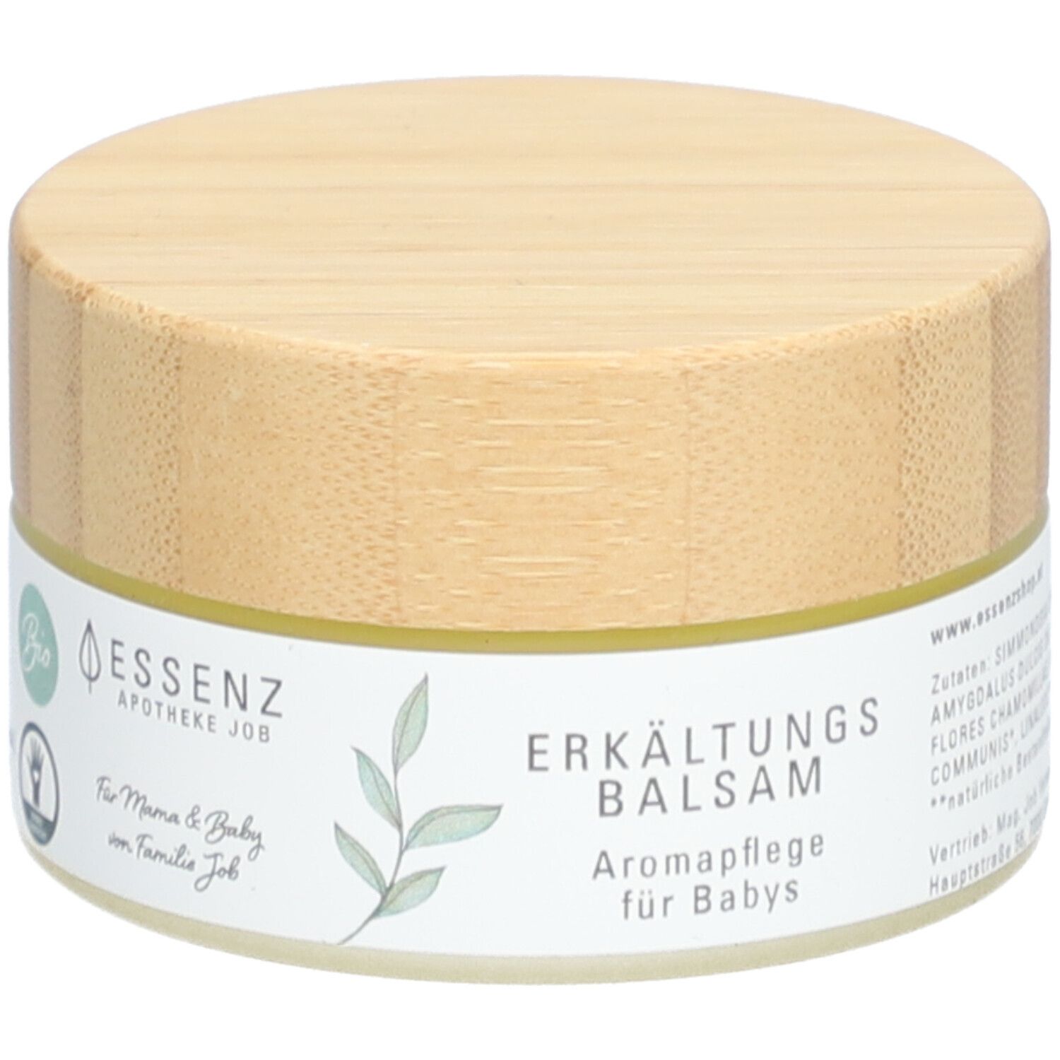 Runde Dose mit Holzdeckel. Aufschrift: Erkältungsbalsam, Aromapflege für Babys. Logo: Essenz Apotheke Job. Bio-Siegel.