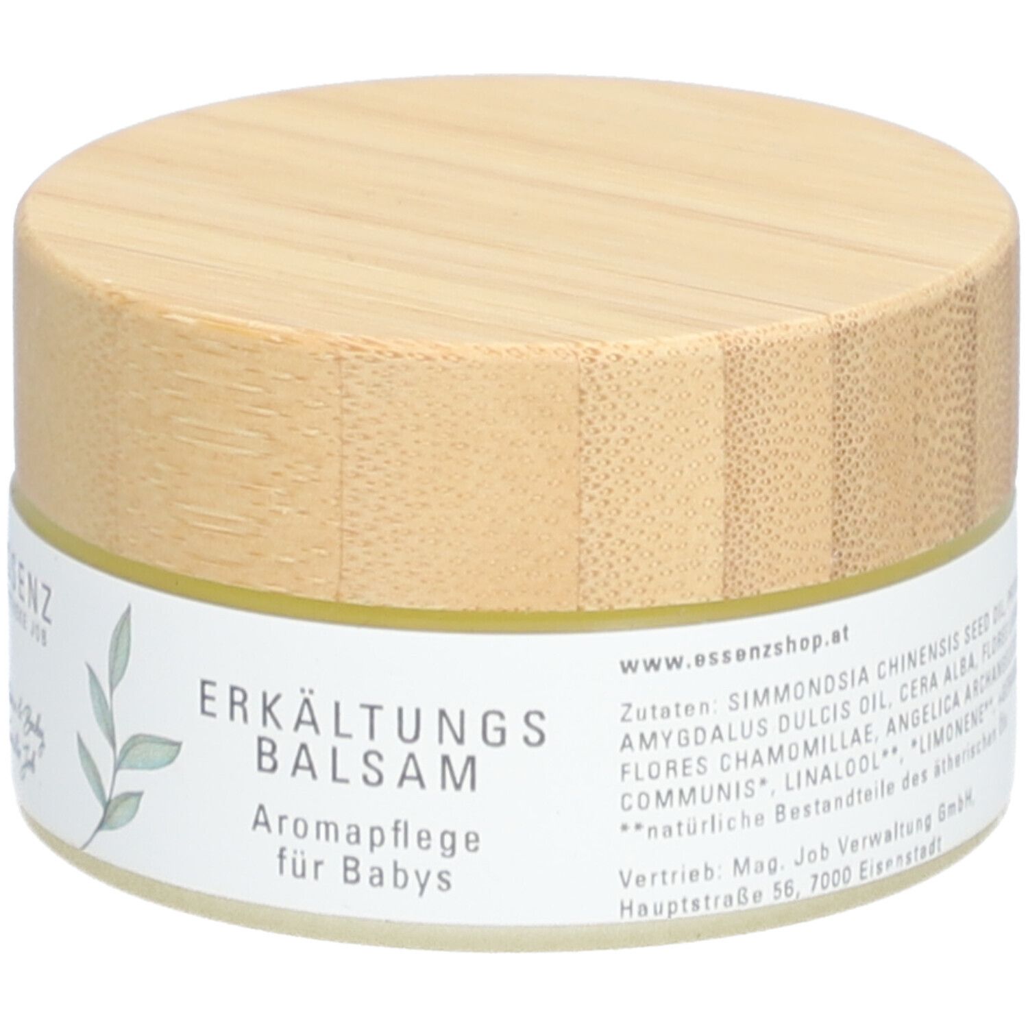 Runde Dose mit Holzdeckel. Aufschrift: Erkältungsbalsam, Aromapflege für Babys. Logo: Essenz Apotheke Job. Zutatenliste.