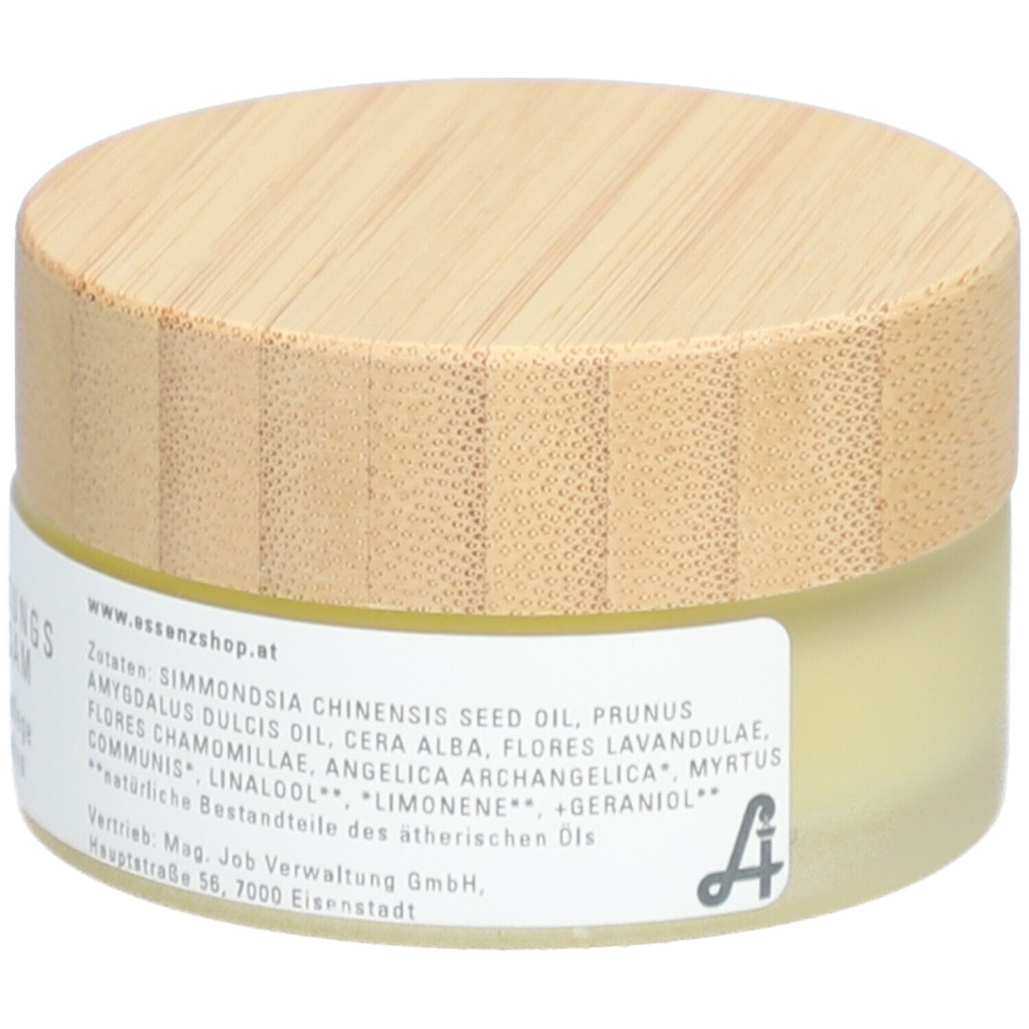 Runde Dose mit Holzdeckel. Aufschrift: Zutatenliste, www.essenzshop.at. Logo: Essenz Apotheke Job. Vertieb: Mag. Job Verwaltung GmbH.