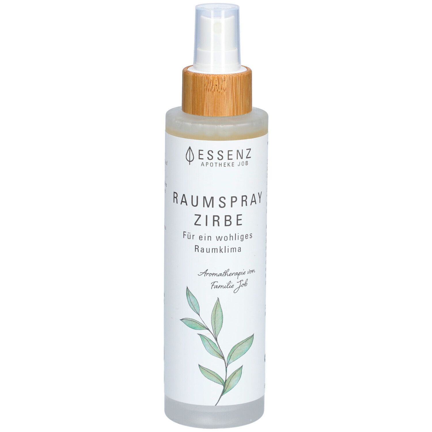 Sprühflasche mit weißem Etikett. Aufschrift: Essenz Apotheke Job, Raumspray Zirbe. Mit Holz- und transparentem Kunststoffverschluss.