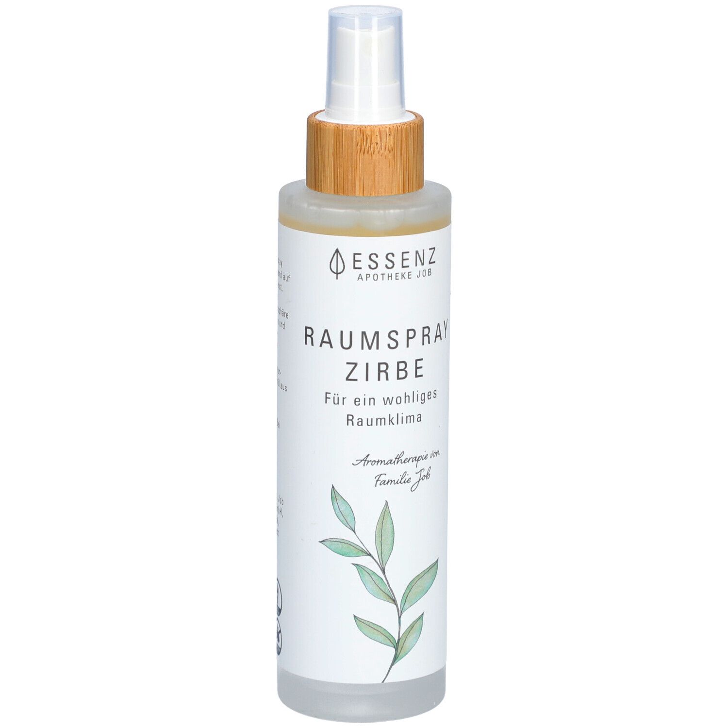 Sprühflasche mit weißem Etikett. Aufschrift: Essenz Apotheke Job, Raumspray Zirbe. Mit Holz- und transparentem Kunststoffverschluss.