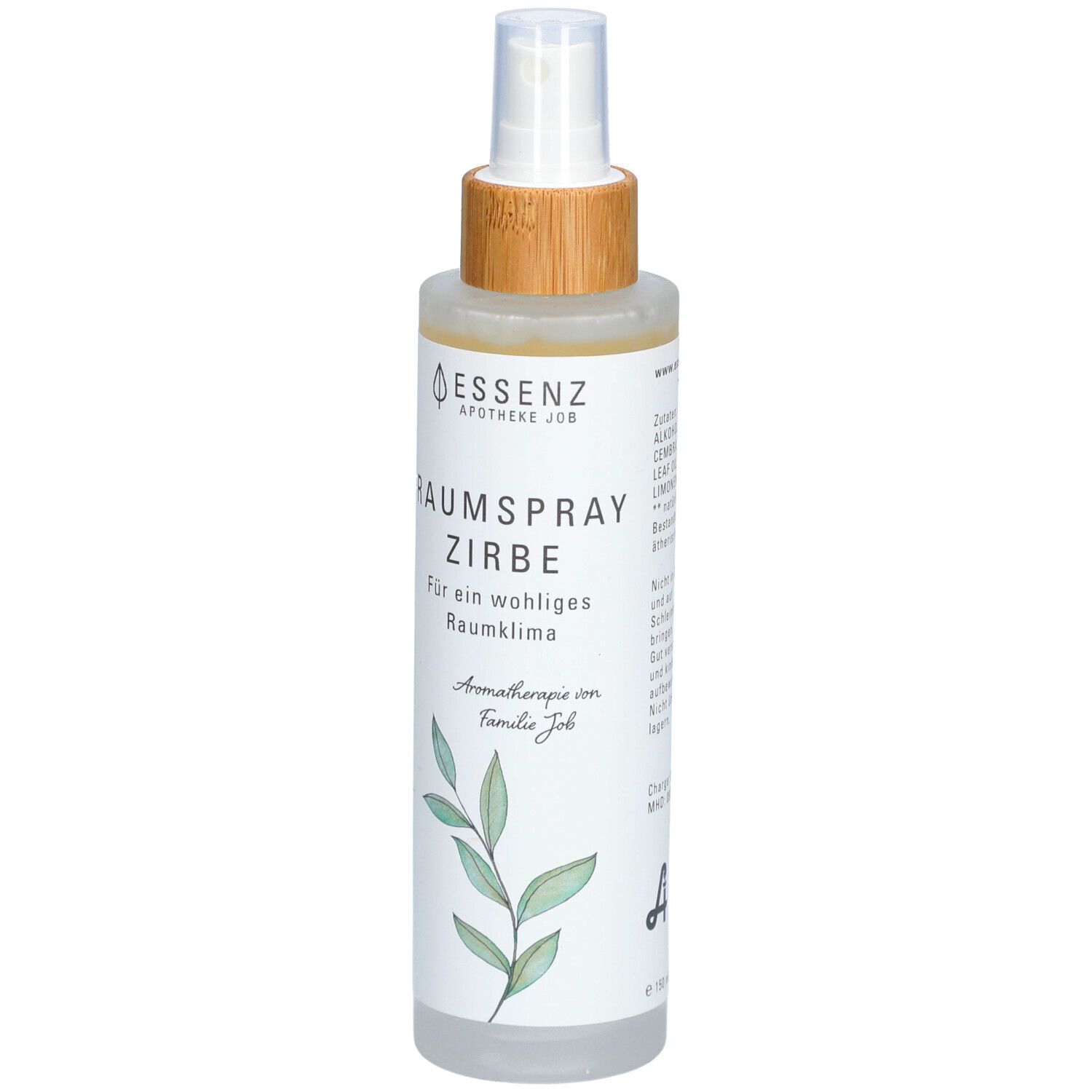 Sprühflasche mit weißem Etikett. Aufschrift: Essenz Apotheke Job, Raumspray Zirbe. Mit Holz- und transparentem Kunststoffverschluss.