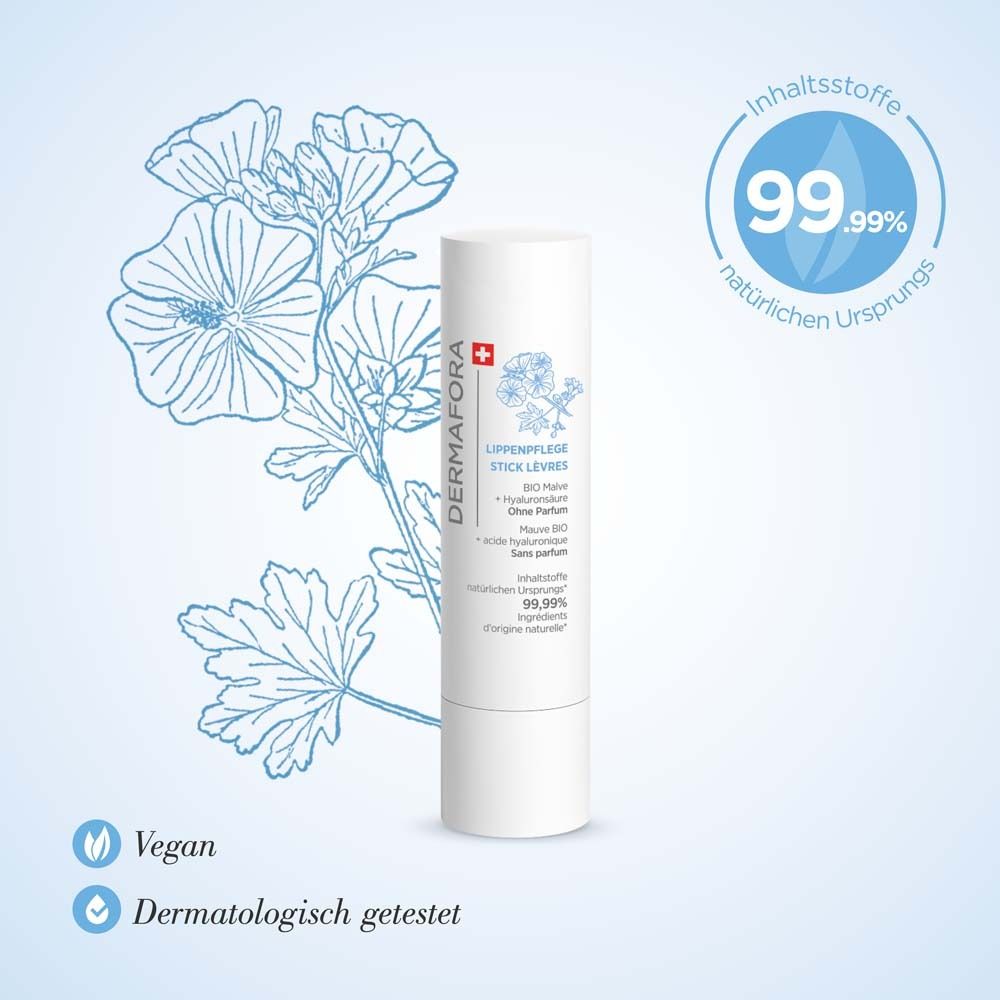 Weißer Lippenpflegestift mit floraler Zeichnung und Schweizer Kreuz. Text: DERMAFORA, Lippenpflege, Ohne Parfum. Vegan.