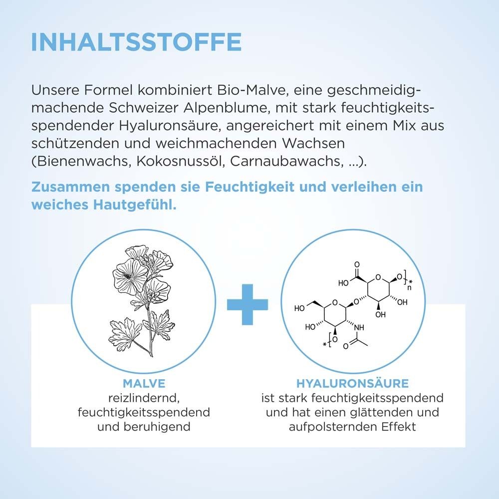 Grafische Darstellung von Inhaltsstoffen: Malve und Hyaluronsäure. Text: Malve, Hyaluronsäure. Feuchtigkeitsspendend.