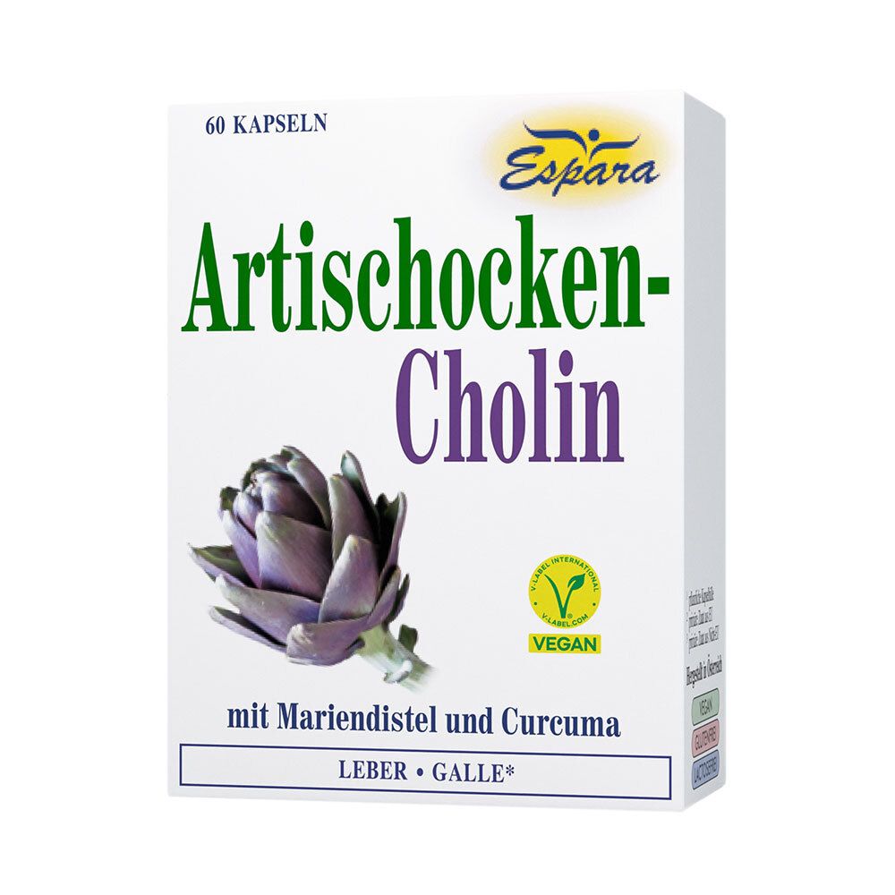 Weißer Karton mit Produktnamen und Artischocken-Illustration. Enthält 60 Kapseln. Vegan-Siegel.