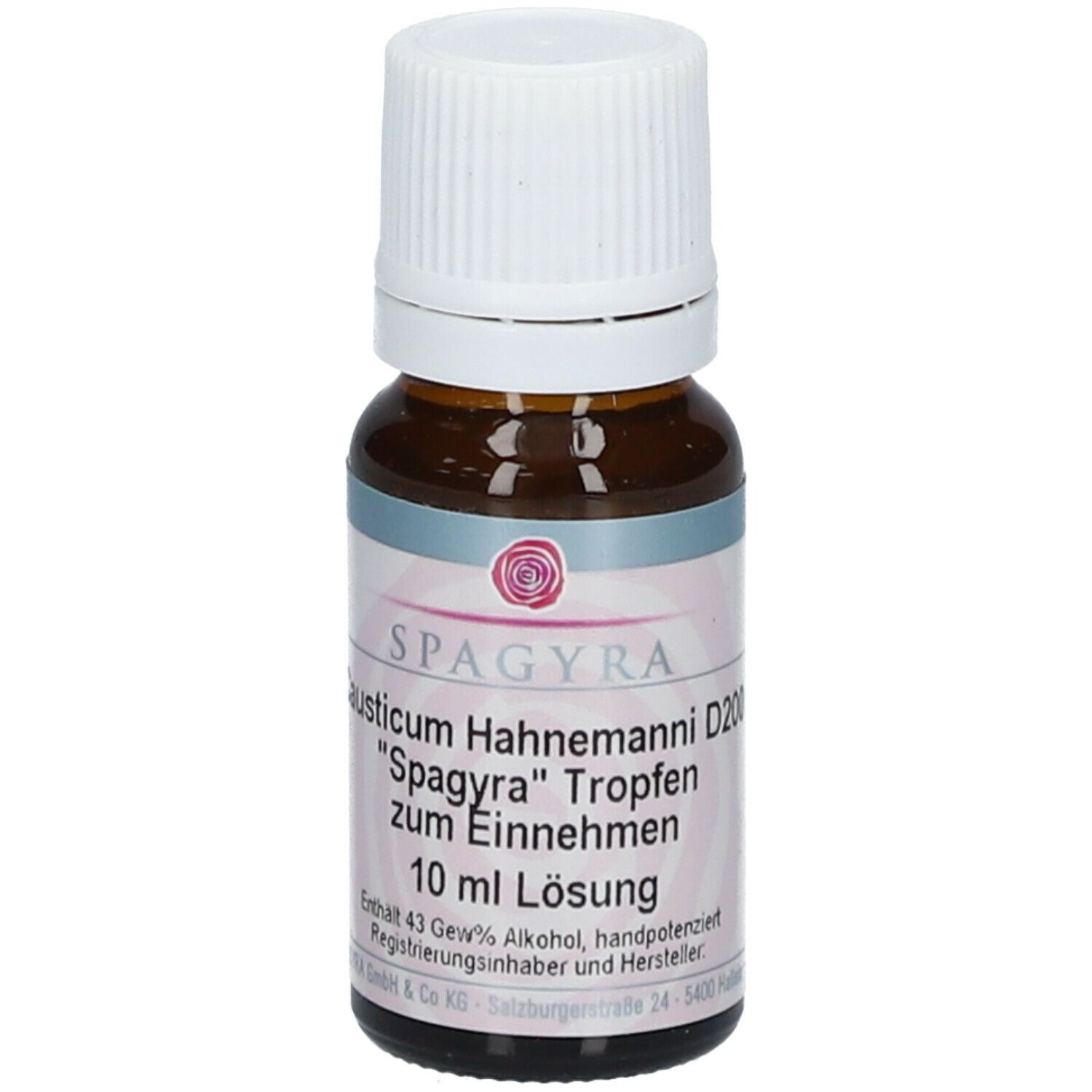 Braune Glasflasche mit weißem Schraubverschluss. Etikett mit Produktnamen, Inhaltsangabe und Herstellerinformationen.