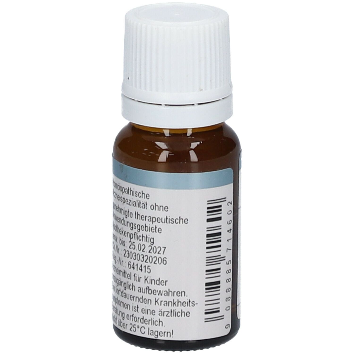 Braune Glasflasche mit weißem Schraubverschluss. Etikett mit Produktinformationen, Barcode und Verfallsdatum.