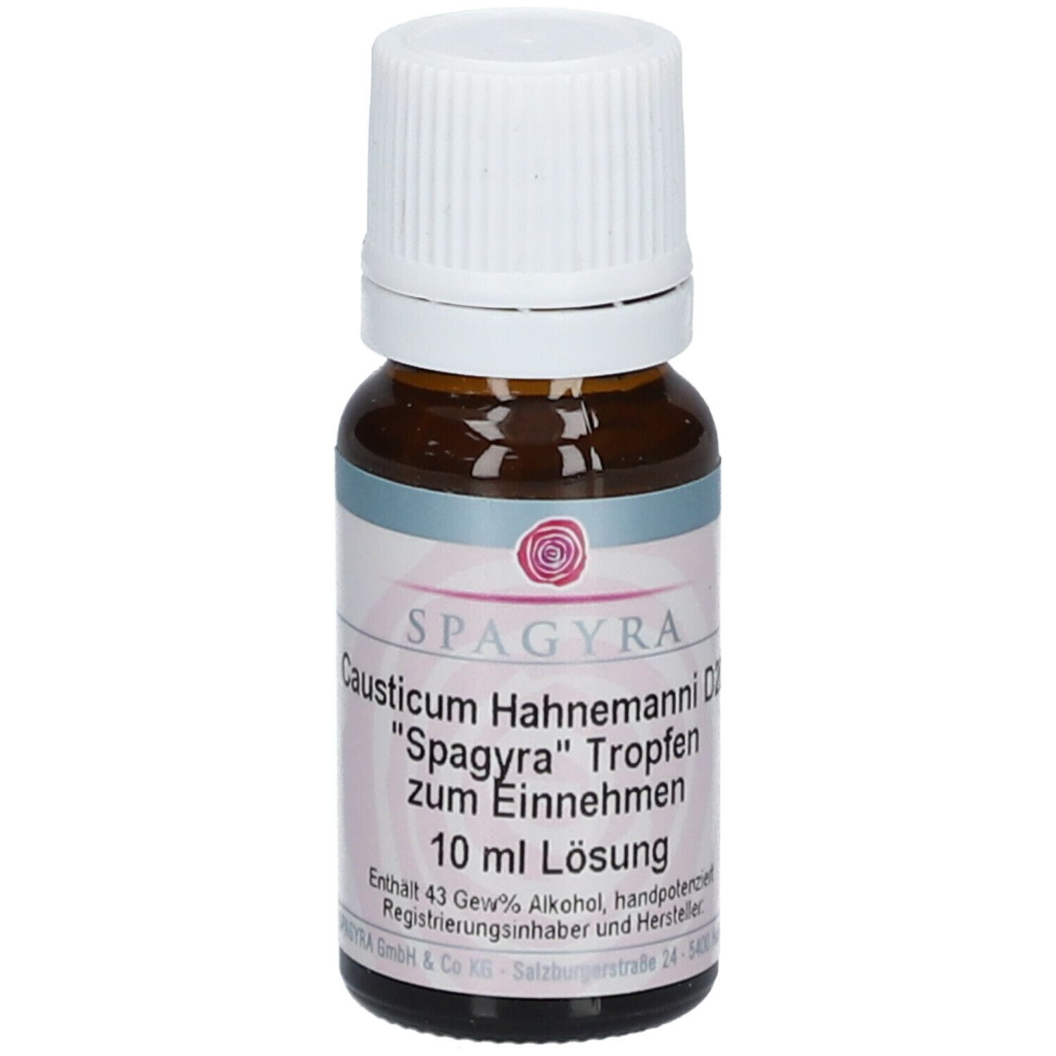 Braune Glasflasche mit weißem Schraubverschluss. Etikett mit Produktnamen und Inhaltsangabe.