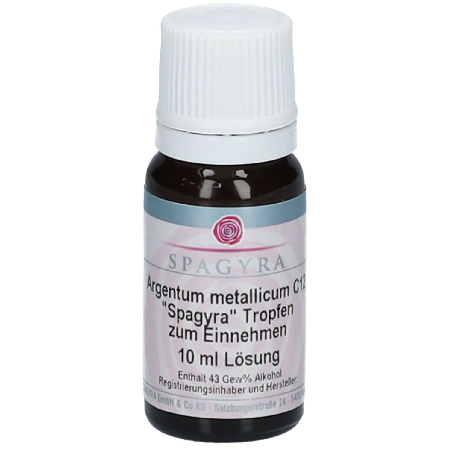 Braune Glasflasche mit weißem Deckel. Etikett mit Produktinformationen: SPAGYRA Argentum metallicum C12, 10 ml Lösung.