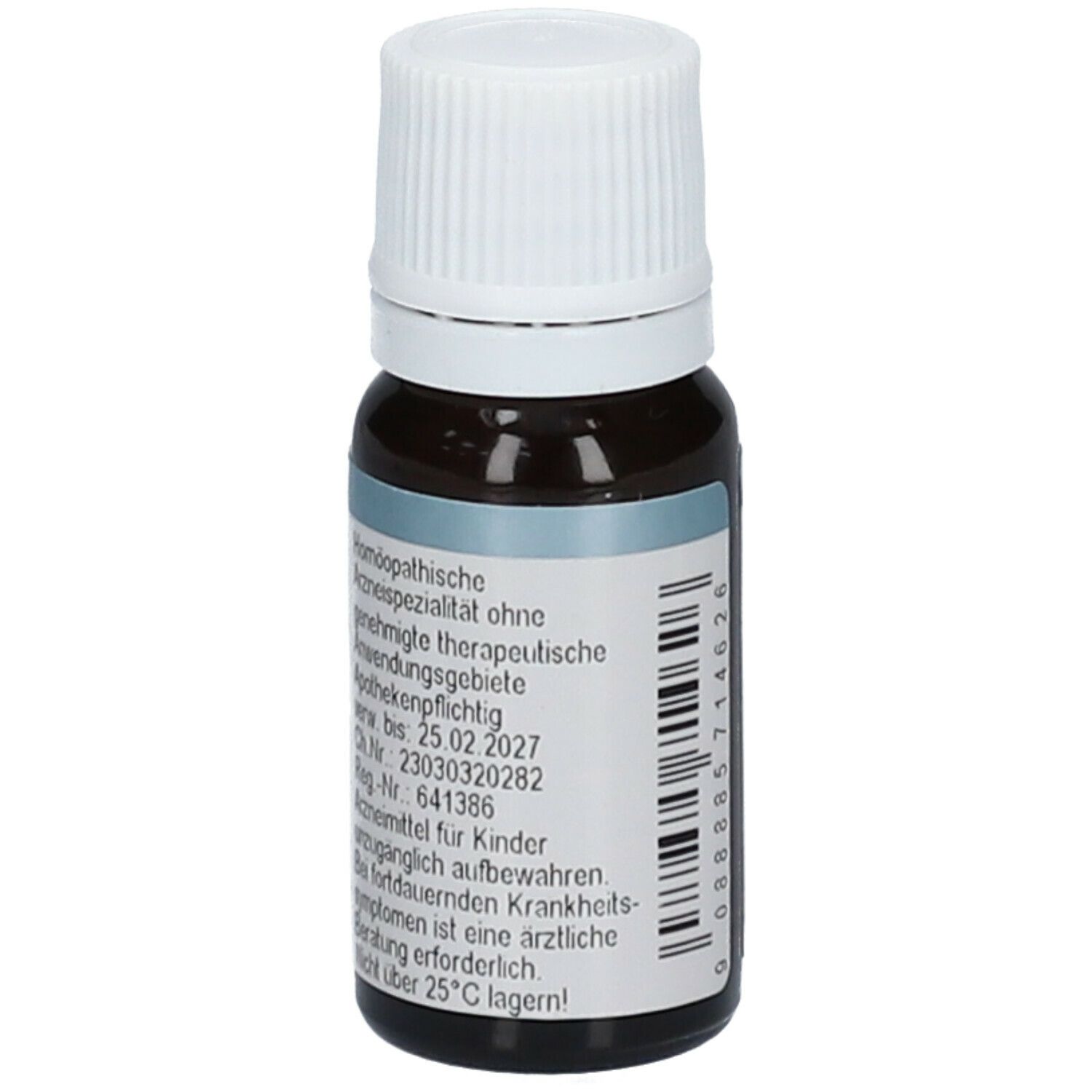 Braune Glasflasche mit weißem Deckel. Etikett mit Produktinformationen: Homöopathische Arzneispezialität, Apothekenpflichtig.