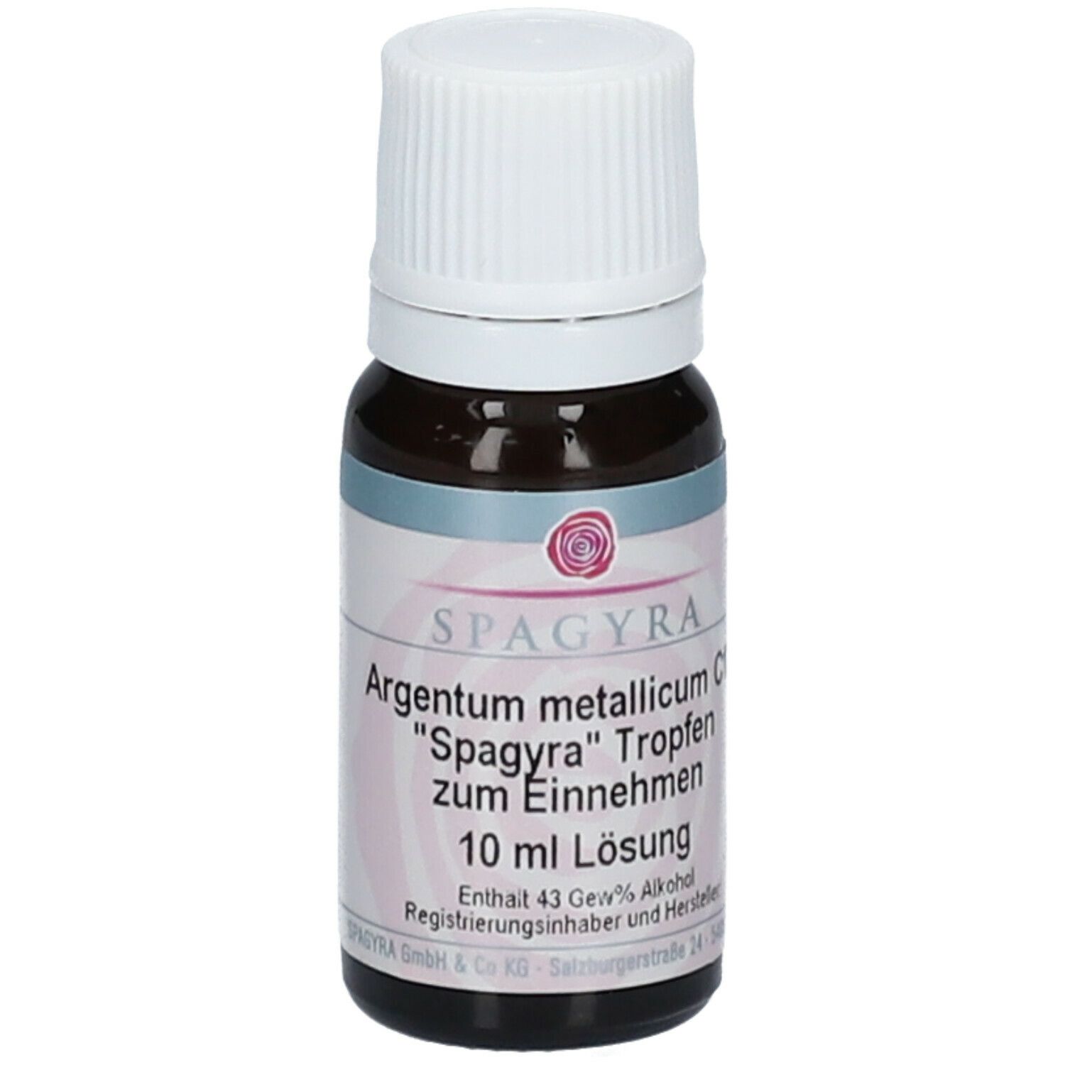 Braune Glasflasche mit weißem Deckel. Etikett mit Produktinformationen: SPAGYRA Argentum metallicum C12, 10 ml Lösung.