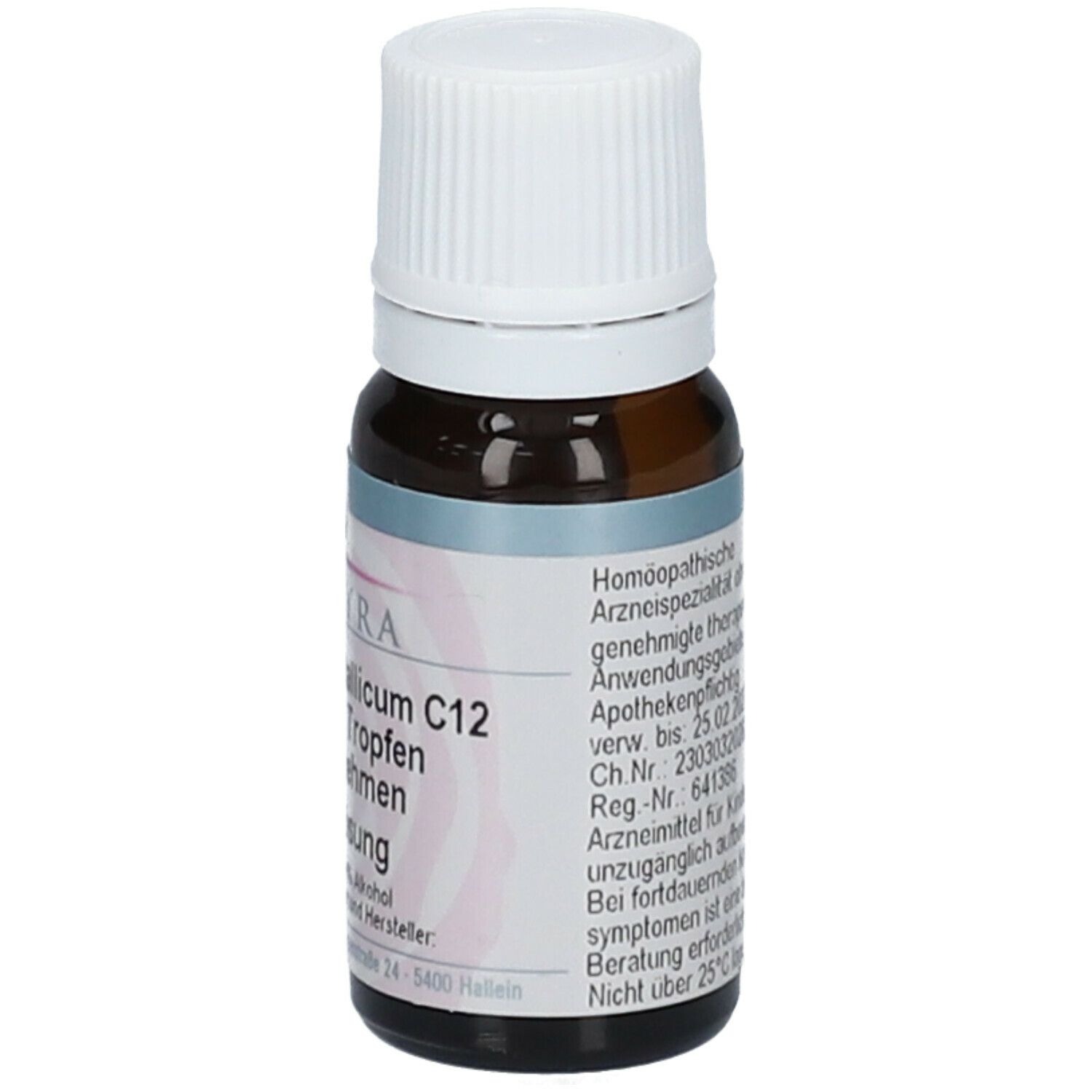 Braune Glasflasche mit weißem Deckel. Etikett mit Produktinformationen: SPAGYRA Argentum metallicum C12, homöopathisch.