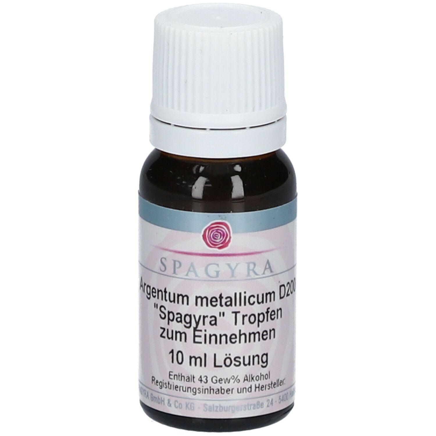 Braune Glasflasche mit weißem Deckel. Etikett mit Text: SPAGYRA Argentum metallicum D200, Tropfen, 10 ml Lösung.