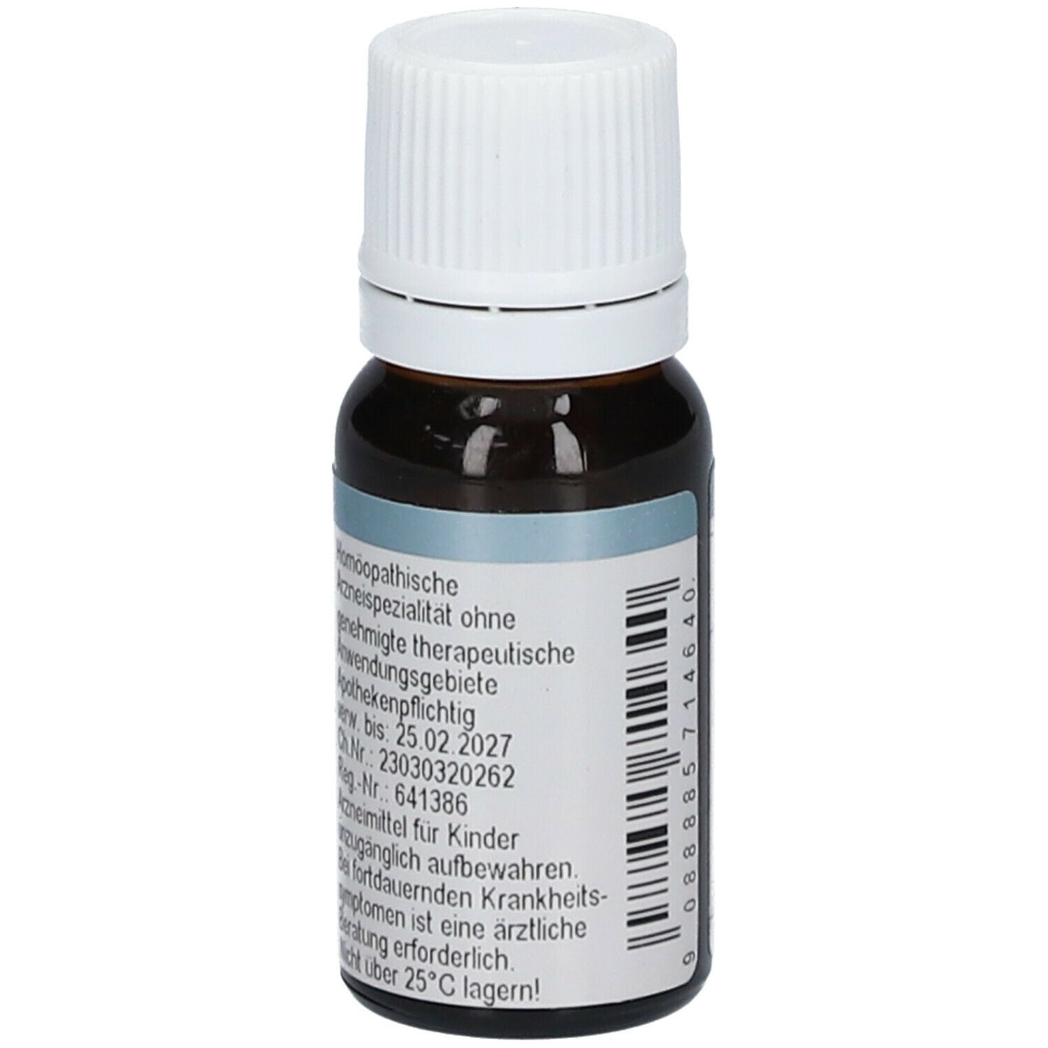 Braune Glasflasche mit weißem Deckel. Etikett mit Text: Homöopathische Arzneispezialität, Verfallsdatum 25.02.2027.