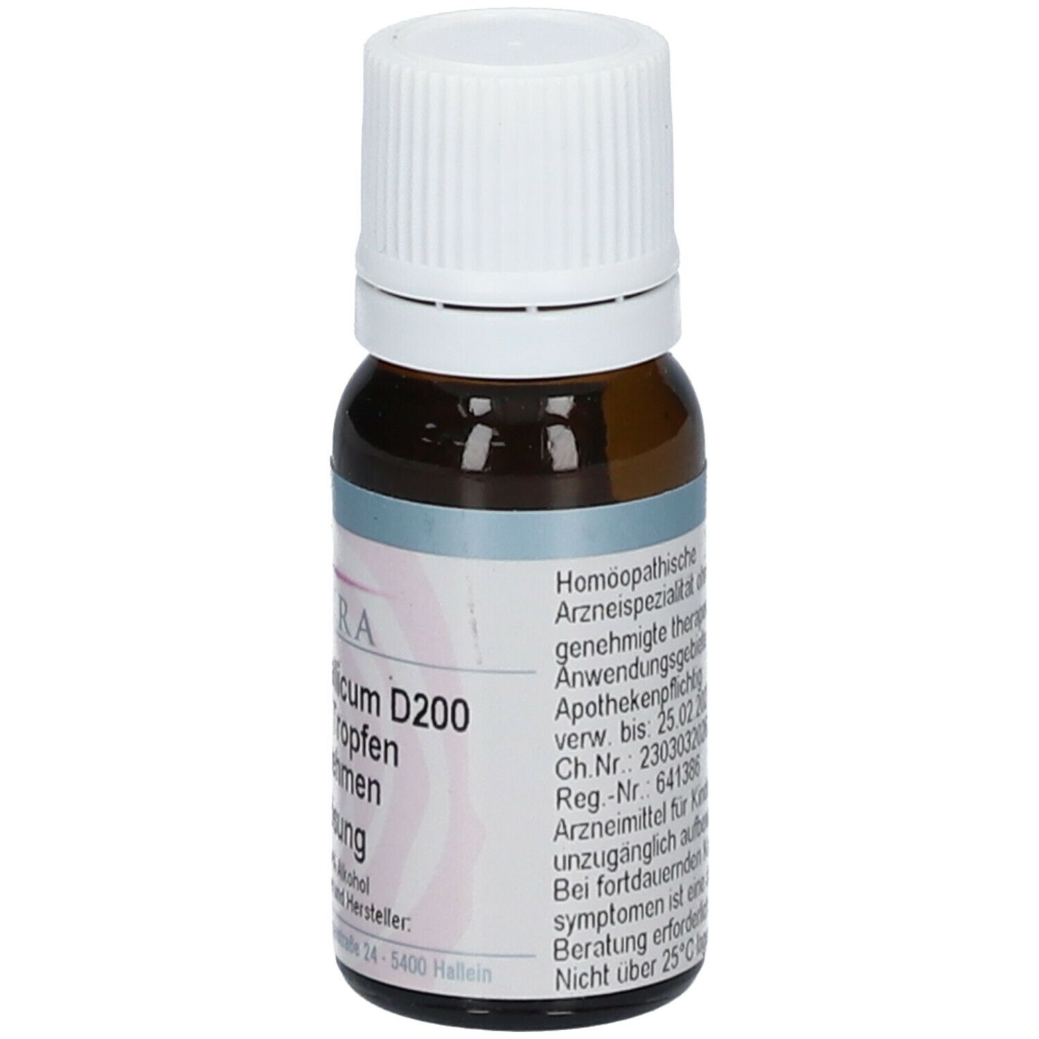 Braune Glasflasche mit weißem Deckel. Etikett mit Text: Homöopathische Arzneispezialität, Verfallsdatum 25.02.2027.