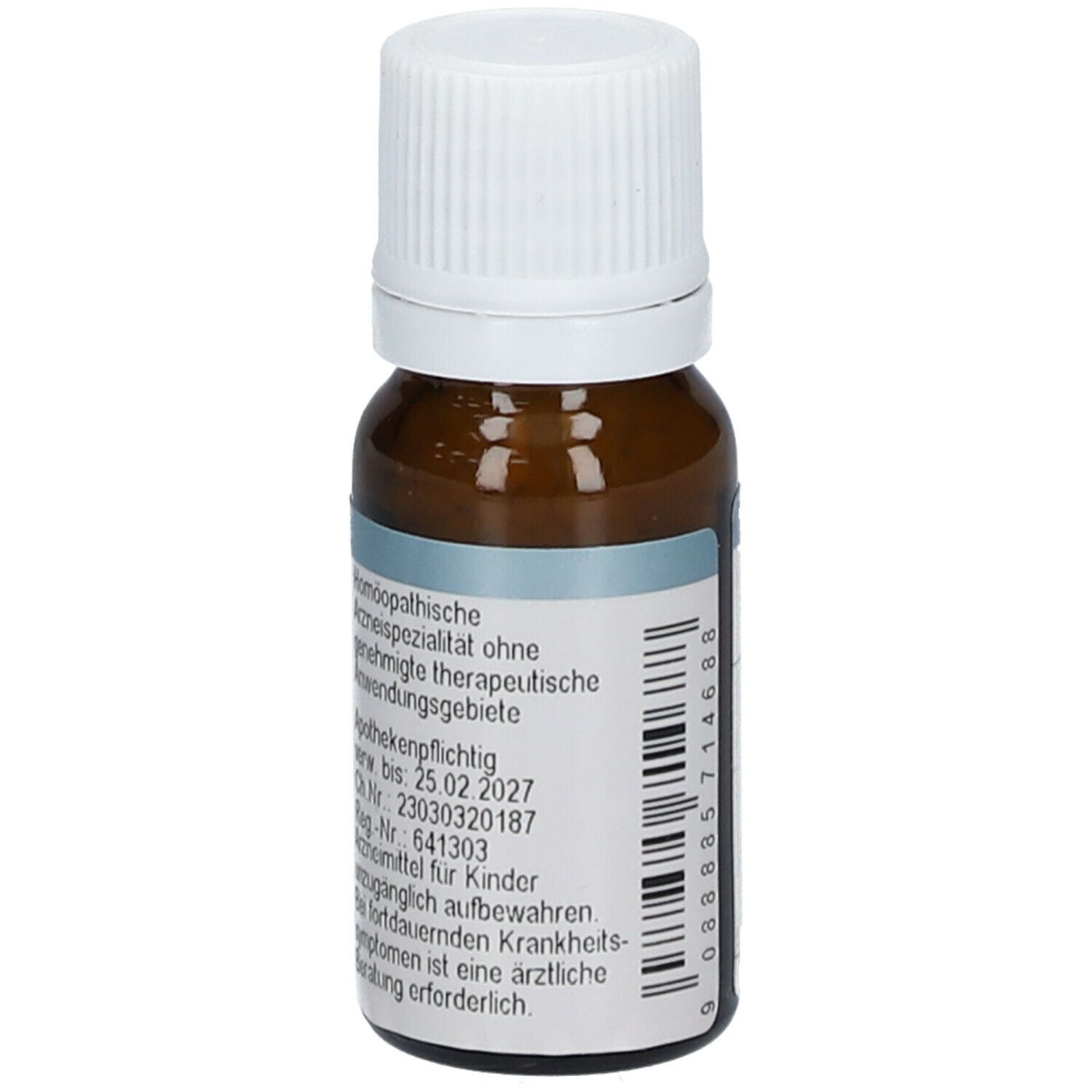 Braune Glasflasche mit weißem Deckel. Etikett mit homöopathischen Informationen, Barcode und Verfallsdatum.