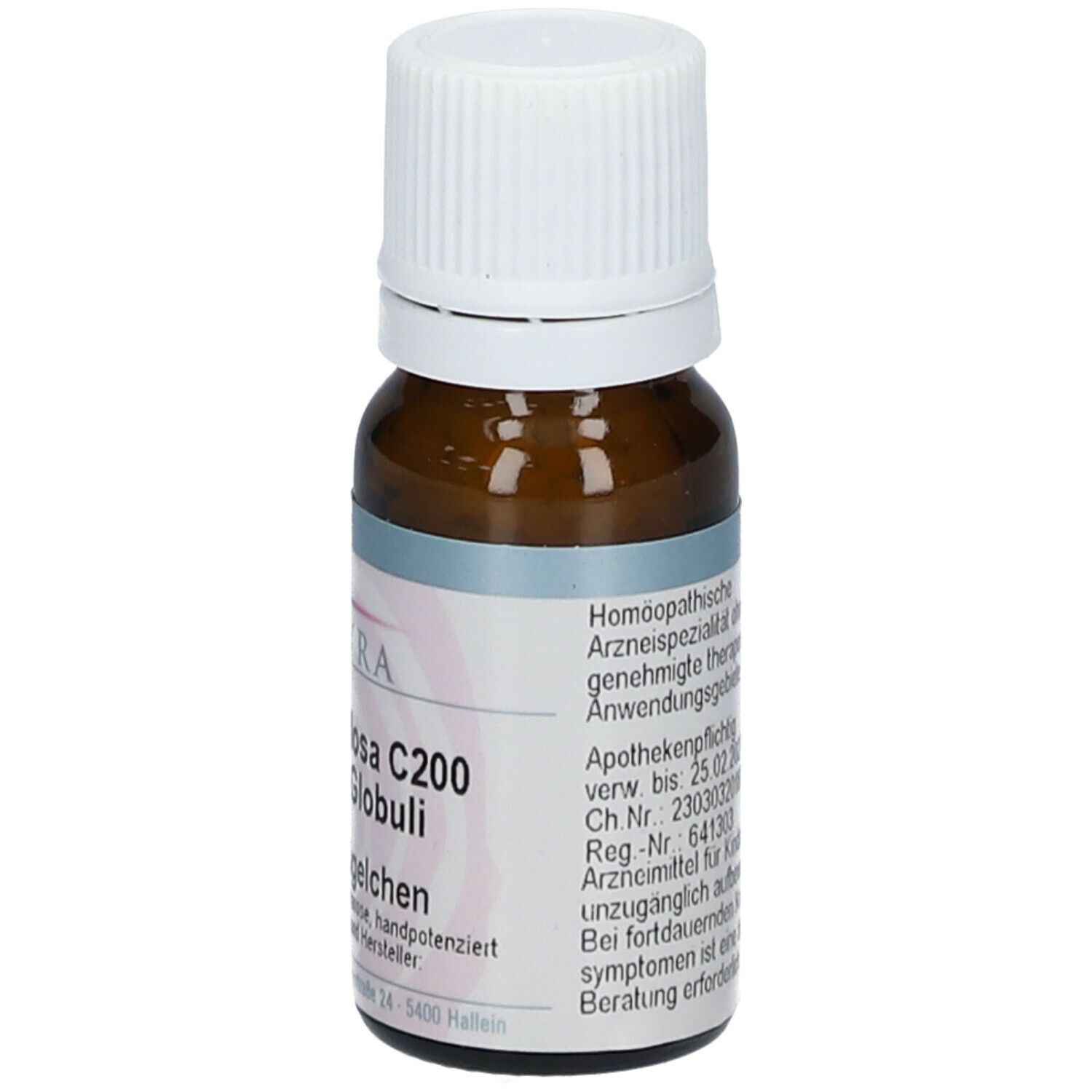Braune Glasflasche mit weißem Deckel. Etikett mit SPAGYRA, Dioscorea villosa C200, Globuli, homöopathische Informationen.