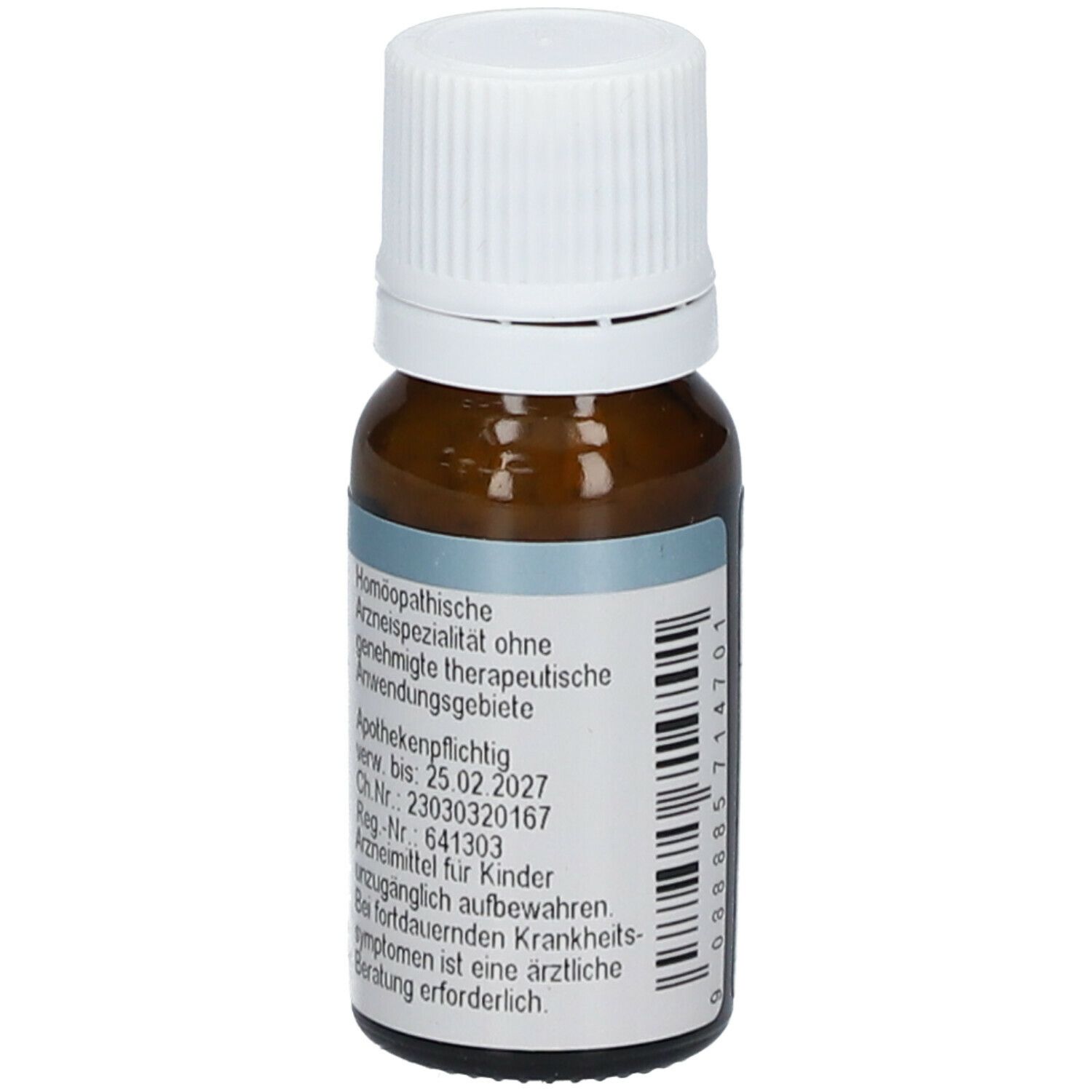 Braune Glasflasche mit weißem Deckel. Etikett mit Produktinformationen, Apothekenpflichtig.