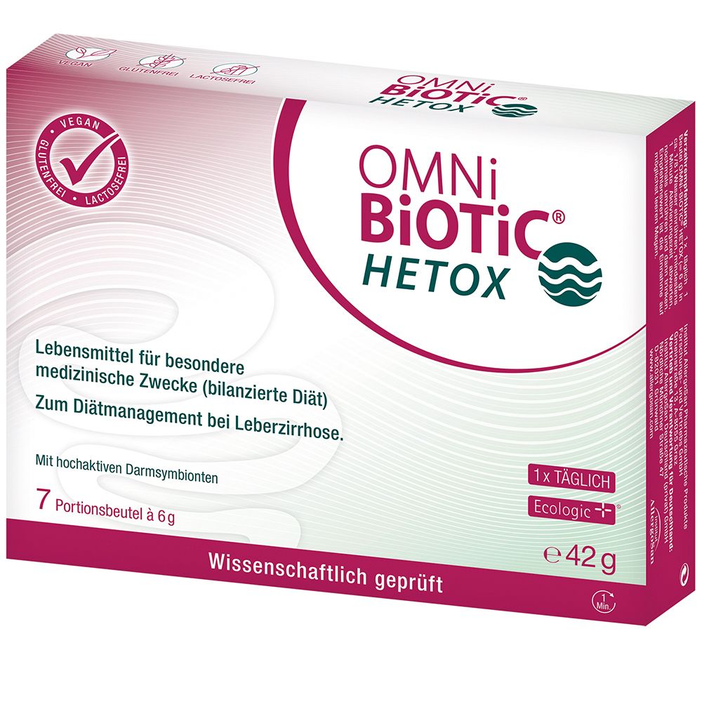 OMNi BiOTiC Hetox-Verpackung. Weiß-rot, mit Logo, Text und 7 Portionsbeuteln. Vegan, glutenfrei, laktosefrei.