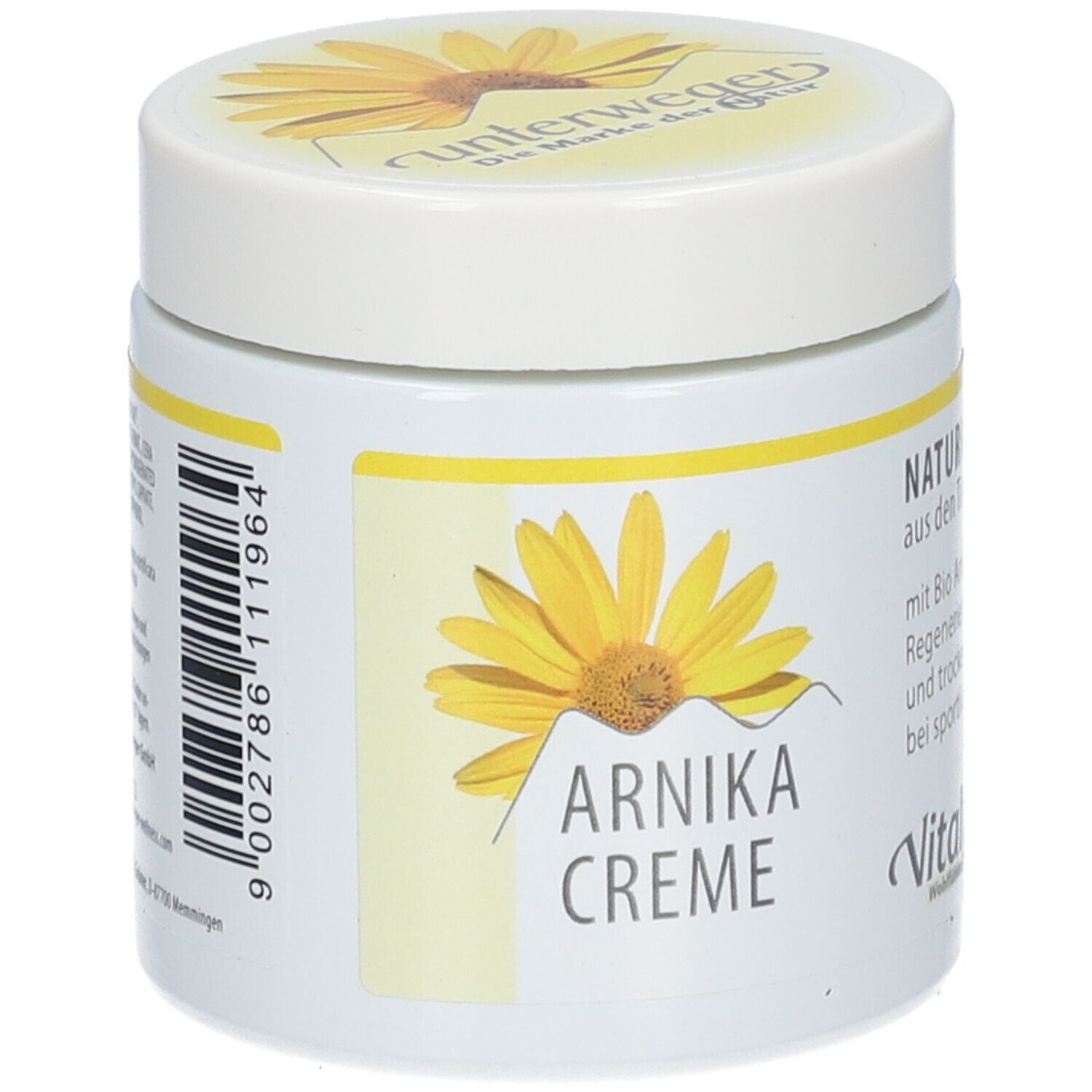Weiße Dose mit gelbem Etikett. Aufschrift: ARNIACREME. Logo: gelbe Blume. Naturkosmetik. Vitalpinum-Logo.