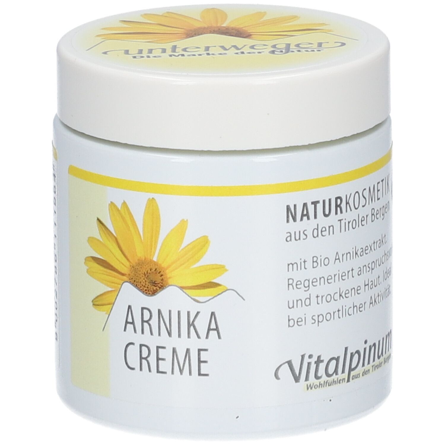 Weiße Dose mit gelbem Etikett. Aufschrift: ARNIACREME. Logo: gelbe Blume. Naturkosmetik. Vitalpinum-Logo.