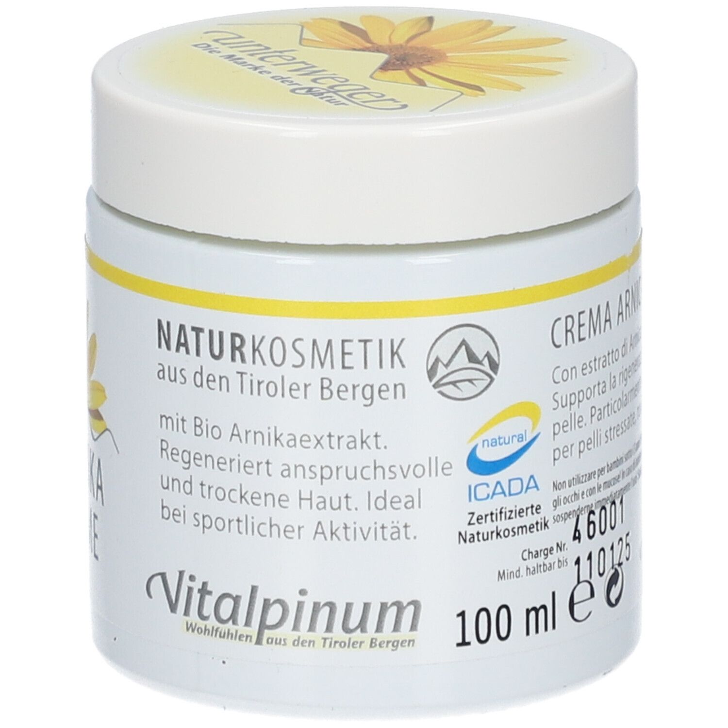Weiße Dose mit gelbem Etikett. Aufschrift: CREMA ARNICA. Logo: gelbe Blume. 100 ml. ICADA-Zertifizierung. Unterweger-Logo.