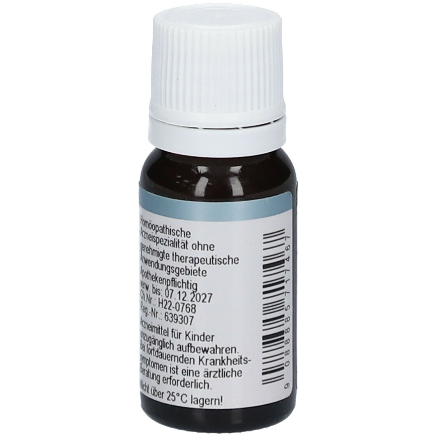 Braune Glasflasche mit weißem Deckel. Etikett mit Text: homöopathische Arzneispezialität, Verfallsdatum, Chargennummer.