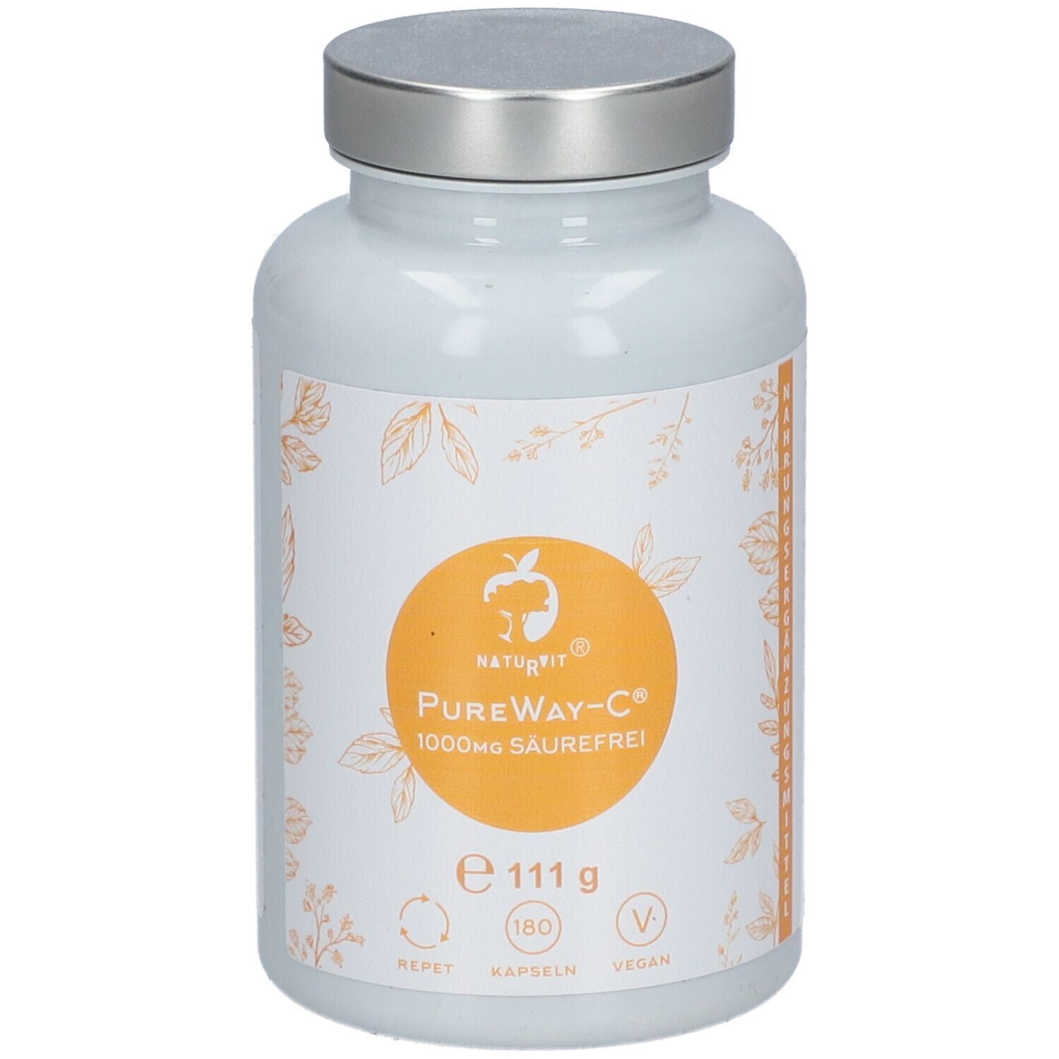 Weiße Flasche mit silbernem Deckel. Aufkleber mit orangefarbenem Kreis und Text: PureWay-C 1000mg säurefrei. 180 Kapseln.