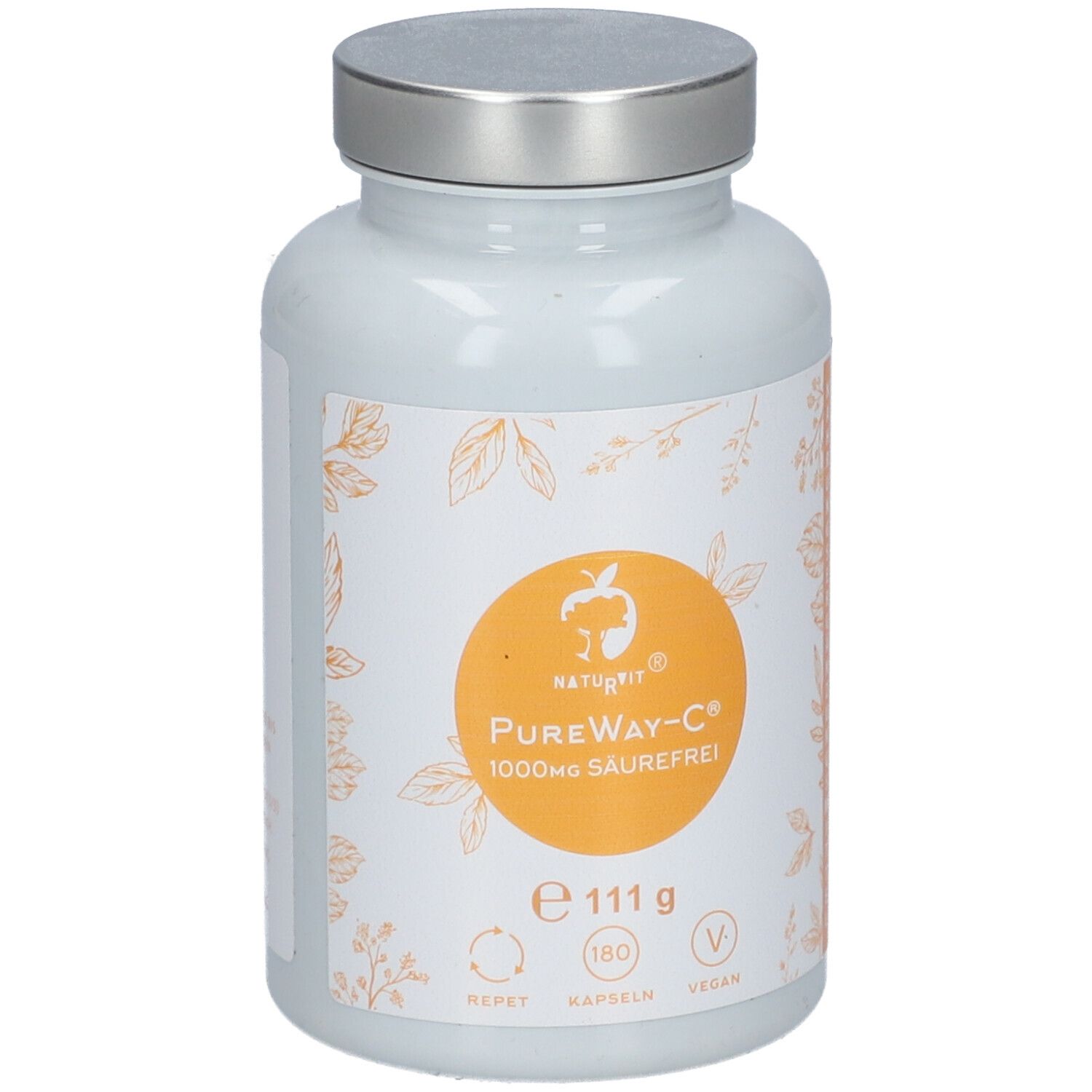 Weiße Flasche mit silbernem Deckel. Aufkleber mit orangefarbenem Kreis und Text: PureWay-C 1000mg säurefrei. 180 Kapseln.