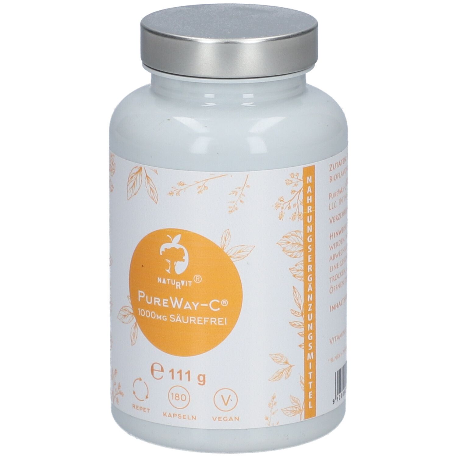 Weiße Flasche mit silbernem Deckel. Aufkleber mit orangefarbenem Kreis und Text: PureWay-C 1000mg säurefrei. 180 Kapseln.