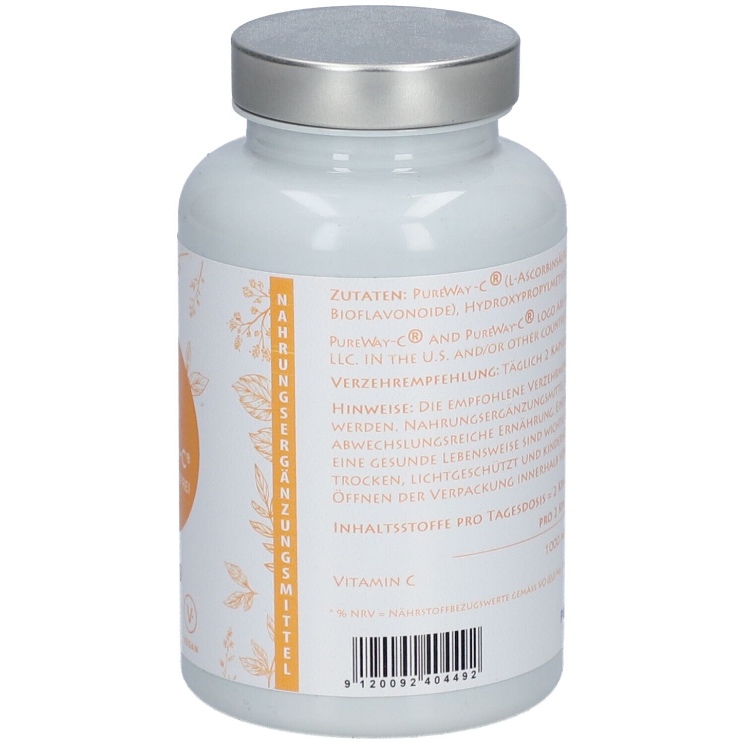Rückseite der weißen Flasche mit silbernem Deckel. Etikett mit Inhaltsstoffen und Nährwertangaben. Vitamin C.
