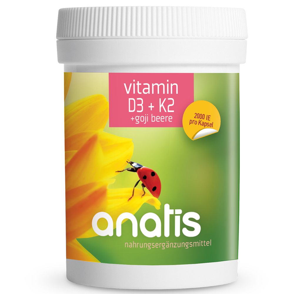 Weißer Behälter mit "anatis" und "Vitamin D3 + K2". Aufkleber mit Marienkäfer und Blüte.