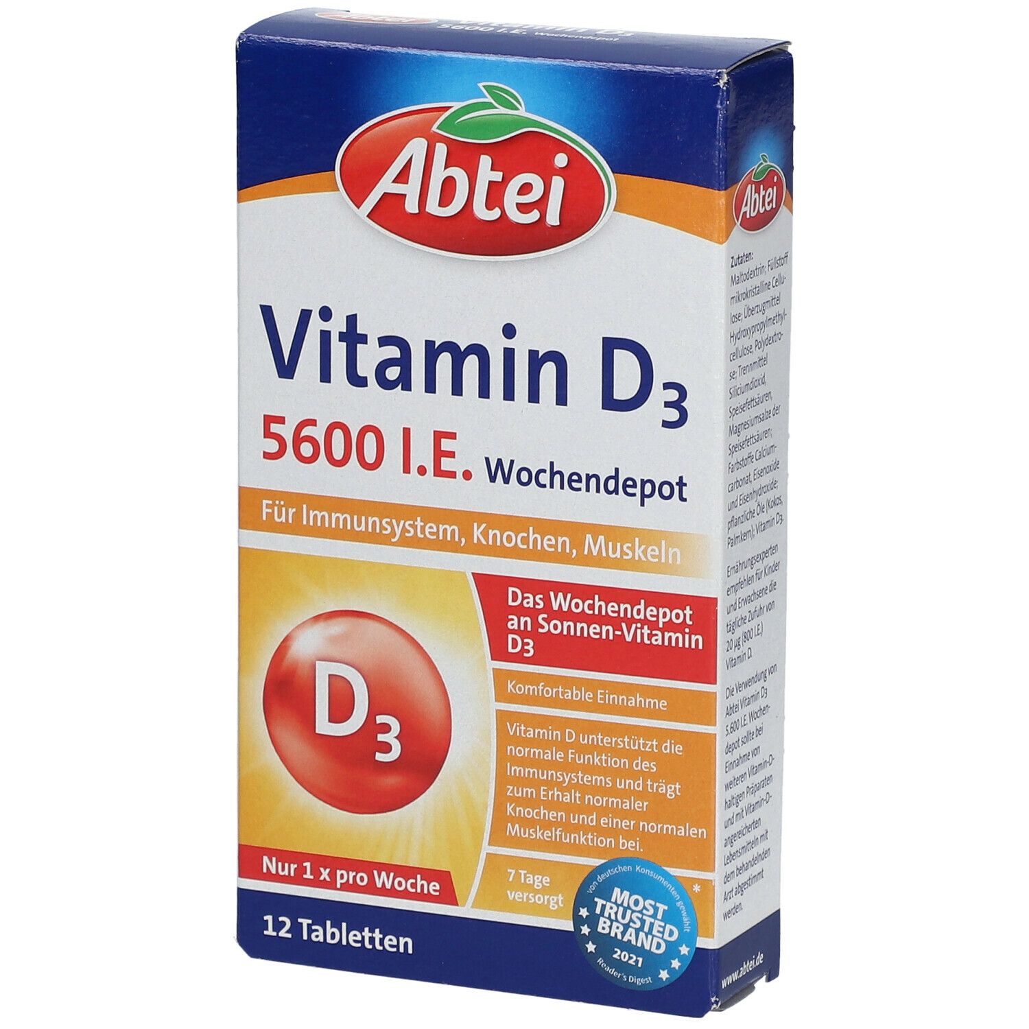 Abtei Vitamin D3 5600 I.E. Wochen Depot. Packung mit 12 Tabletten. Enthält Vitamin D3 für Immunsystem, Knochen und Muskeln.