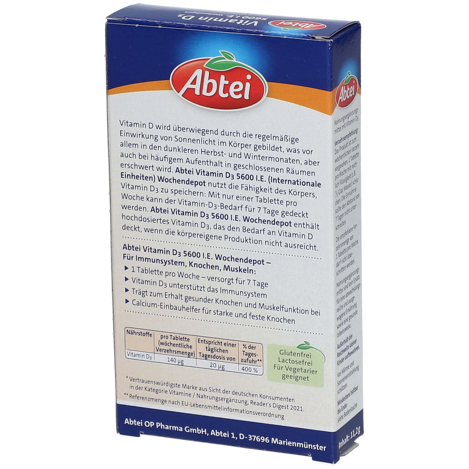 Rückseite der Abtei Vitamin D3 5600 I.E. Packung. Enthält Informationen über die Inhaltsstoffe und die Anwendung des Produkts.