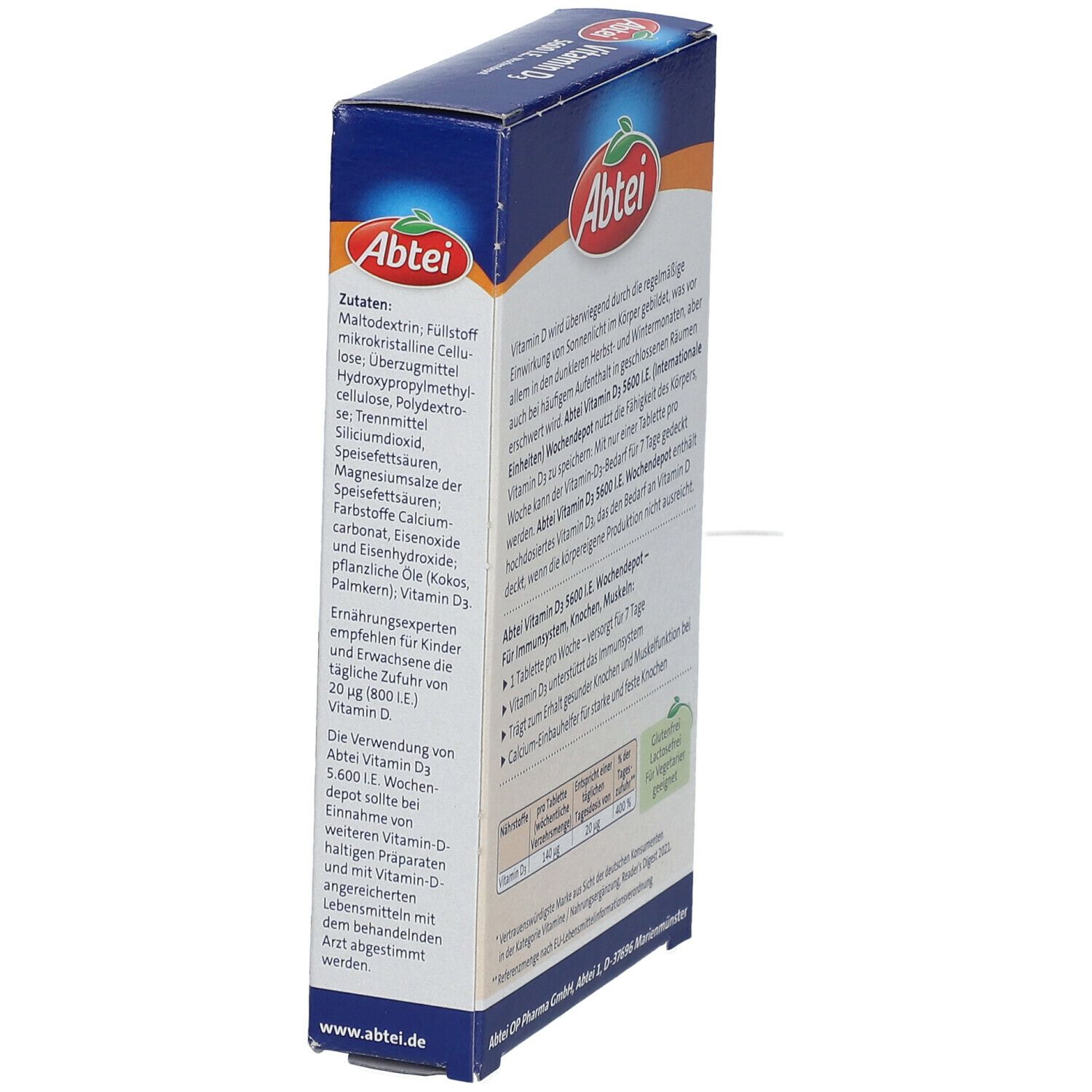Seitenansicht der Abtei Vitamin D3 5600 I.E. Packung. Enthält Informationen über die Inhaltsstoffe und die Anwendung des Produkts.