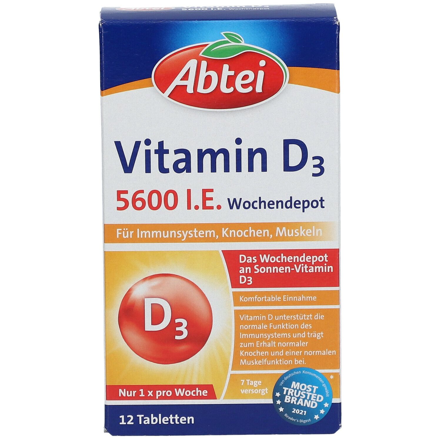 Abtei Vitamin D3 5600 I.E. Wochen Depot. Packung mit 12 Tabletten. Enthält Vitamin D3 für Immunsystem, Knochen und Muskeln.